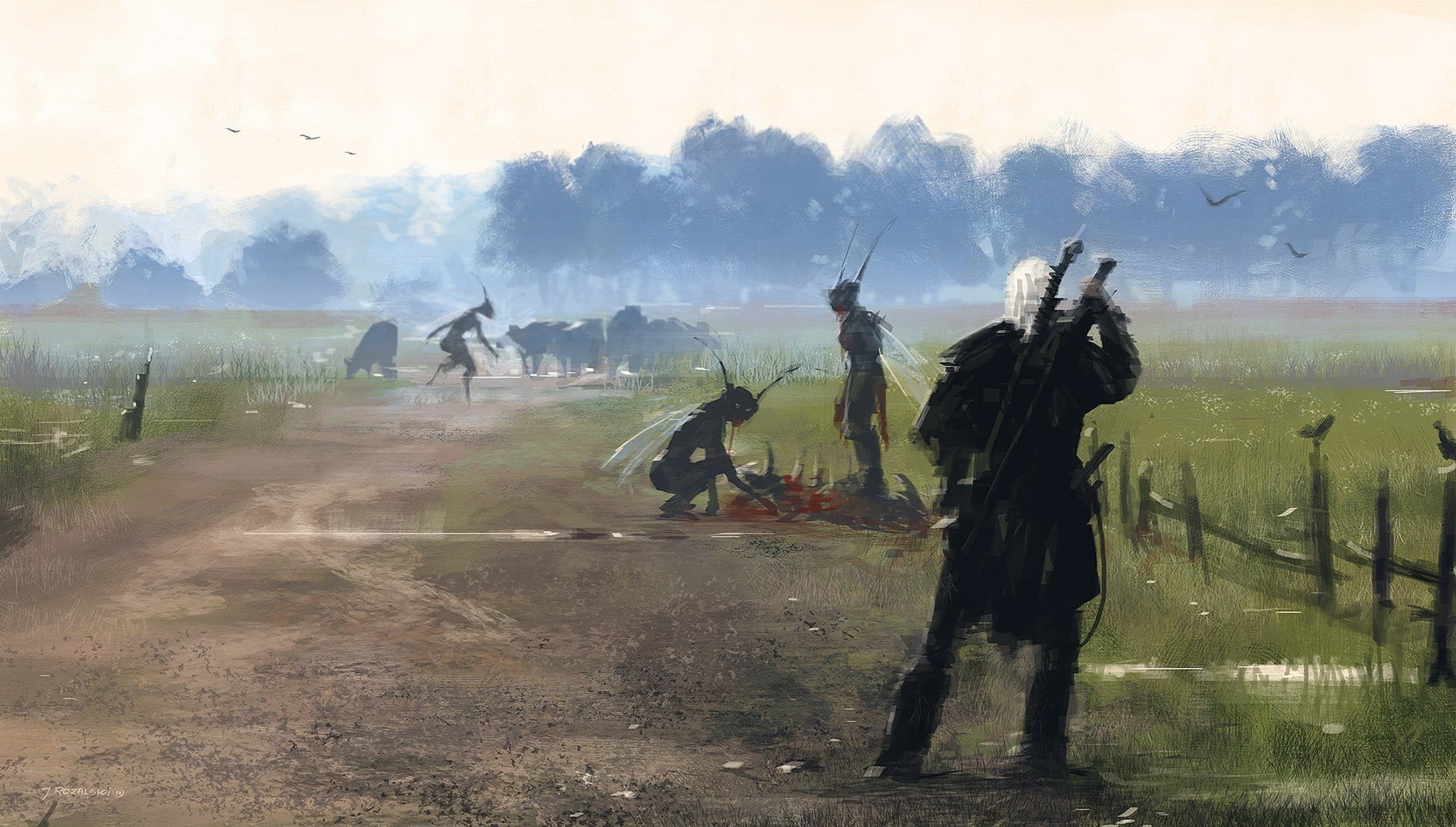 dust, occupation, sky, day, lifestyles, men, painting, field, The Witcher, Geralt of Rivia, witcher, group of people, 720P, outdoors, nature, plant, people, HD Wallpaper