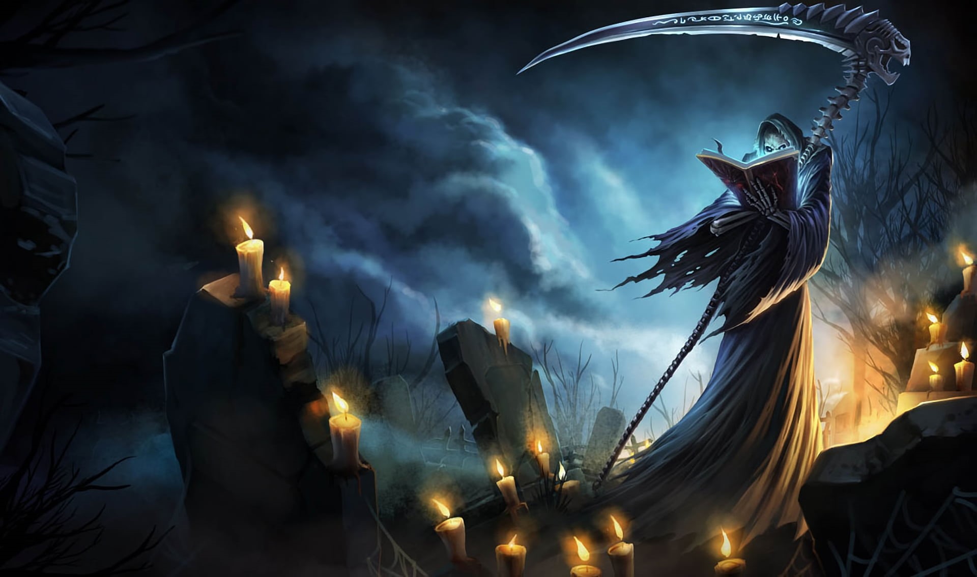 praying, spooky, lantern, grim, reaper, 1080P, christianity, power in nature, low angle view, built structure, spell, fantasy, decoration, dark, graves, HD Wallpaper
