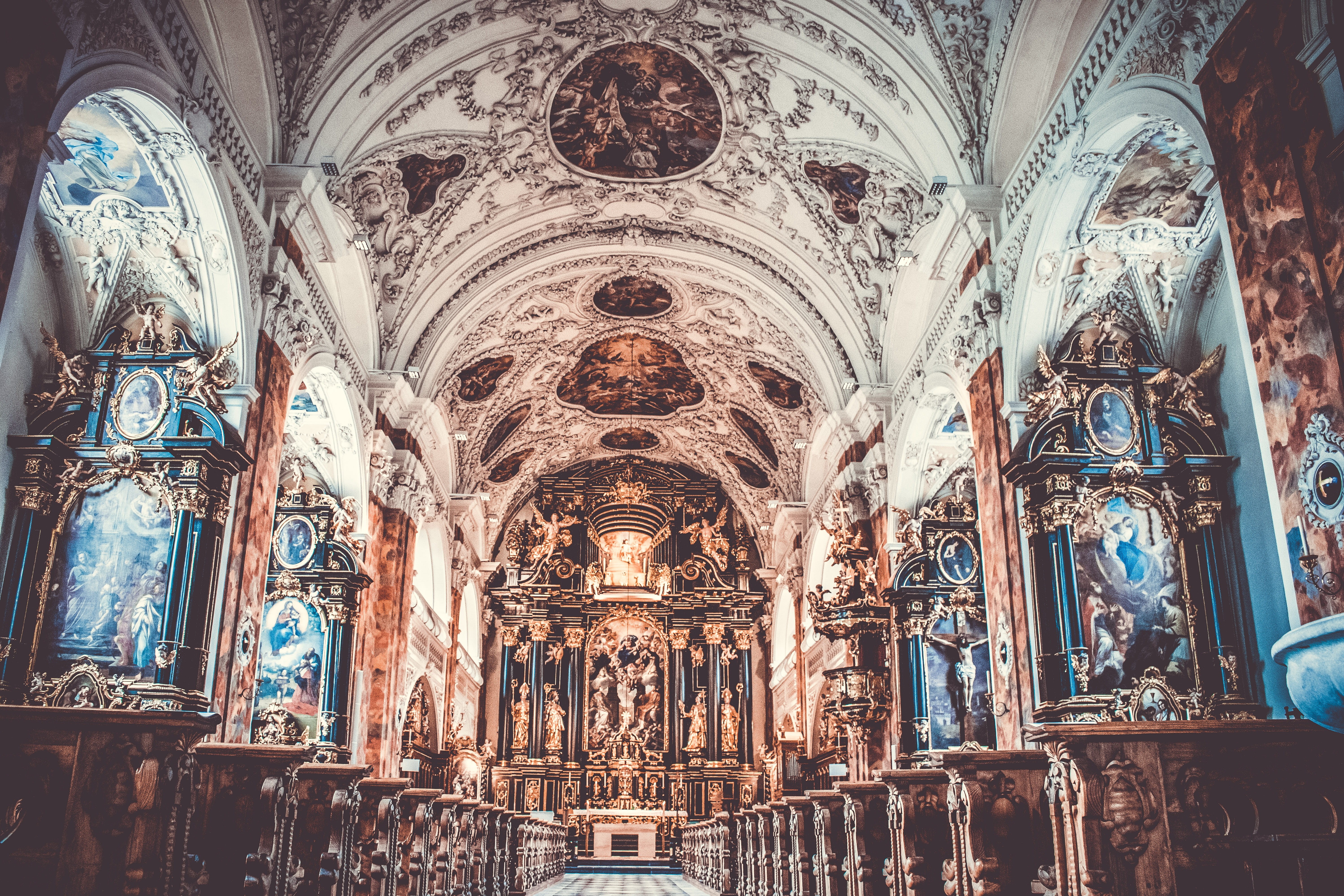 low angle view, saint, view, stained glass, architectural column, pews, chapel, gothic, arch, arches, place of worship, architecture, indoors, architecture and art, HD Wallpaper