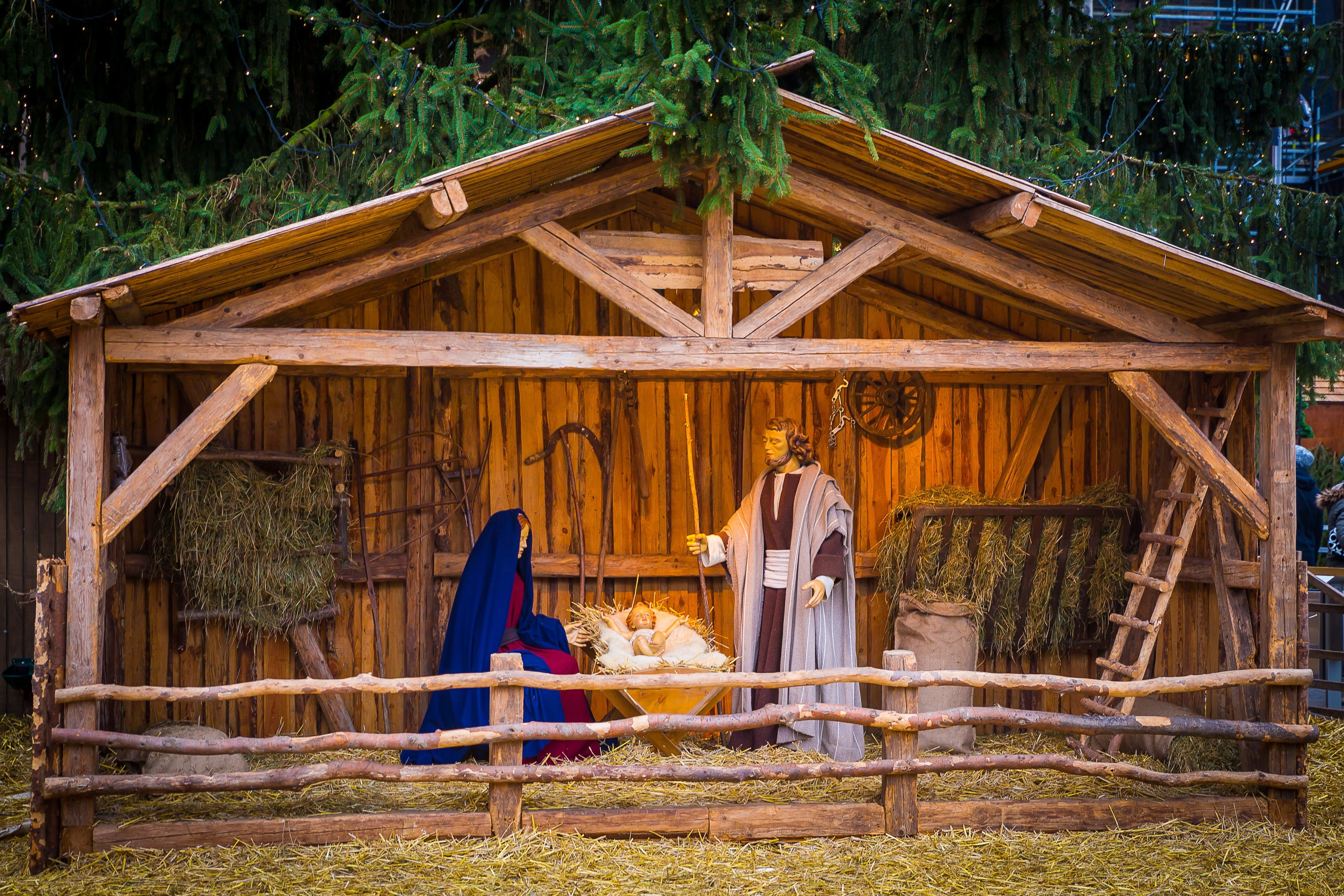 christmas crib figures, cultures, holiday, travel destinations, adults only, joseph, hut, leisure activity, ulm, crib, two people, forest, christmas story, HD Wallpaper