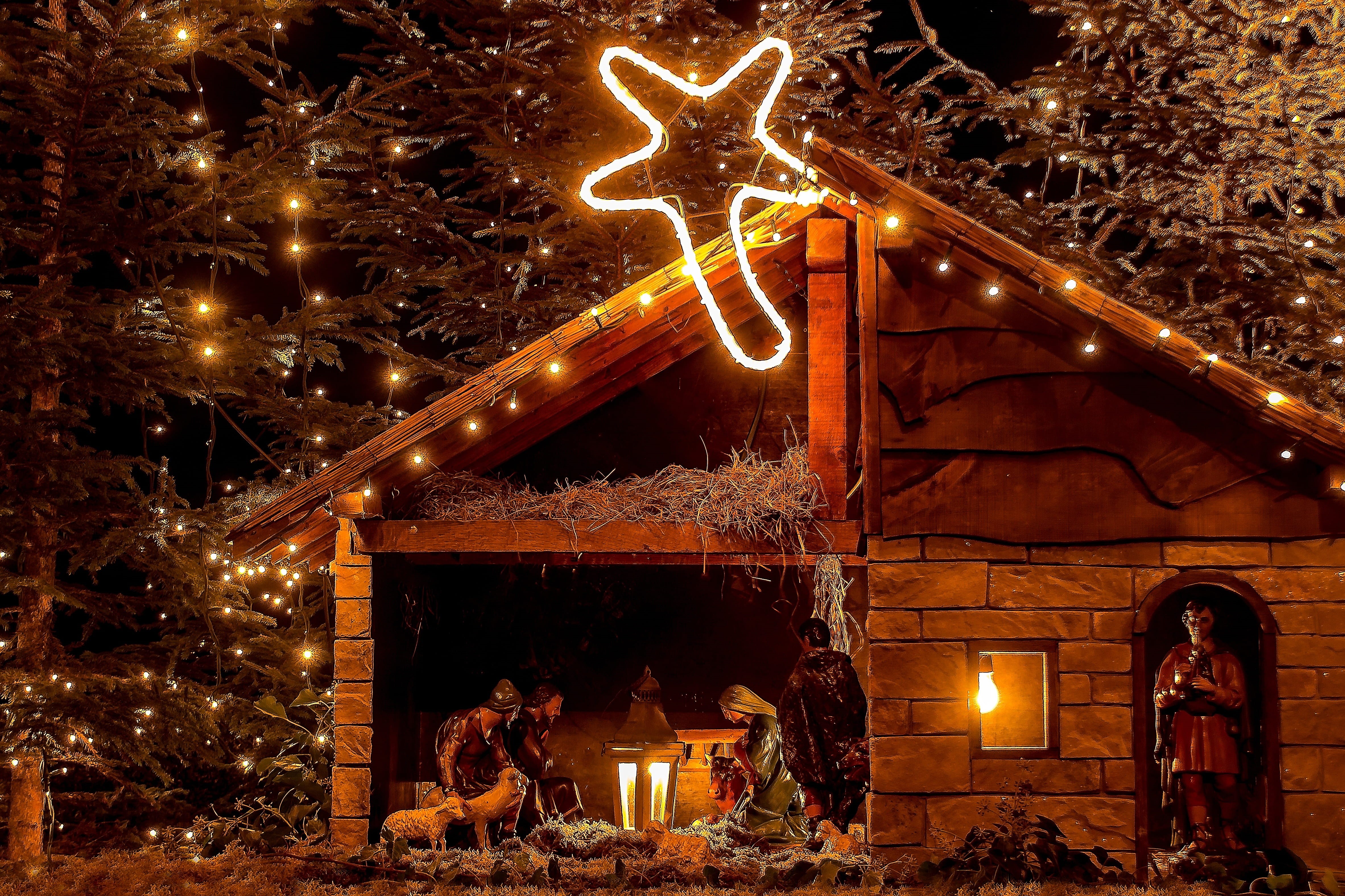 decoration, no people, josef, model, religion, miniature, christmas crib figures, christmas time, flame, illuminated, built structure, candle, donkey, star, HD Wallpaper