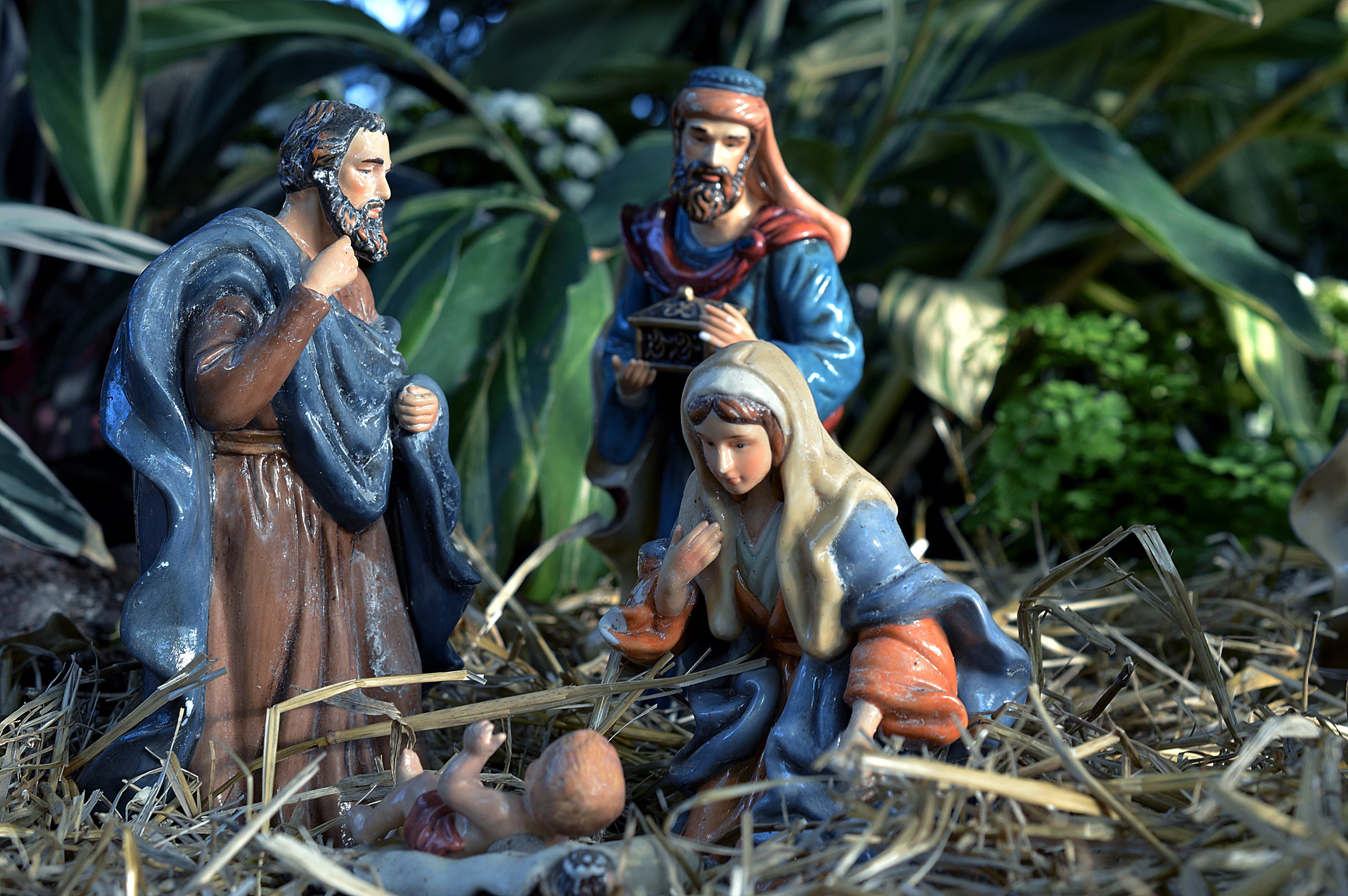 shallow, holy, child, focus, birth, 2K, sculpture, diorama, photography, plant, art and craft, male likeness, baby jesus, nativity, day, land, creativity, HD Wallpaper