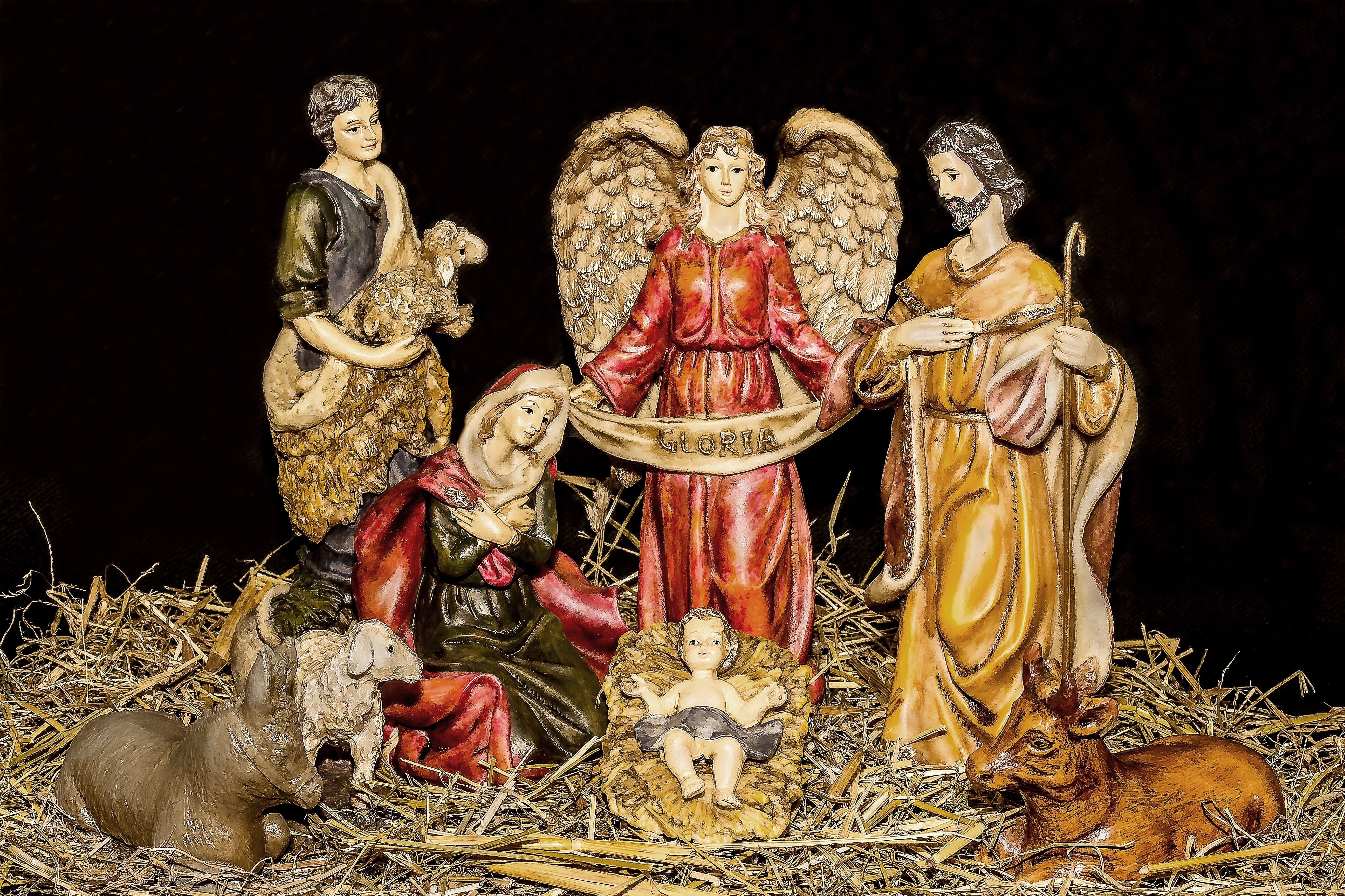 male likeness, shepherd, christmas time, set, statue, religion, birth, craft, angel, donkey, hay, belief, nativity scene, figurine, indoors, figures, spirituality, HD Wallpaper