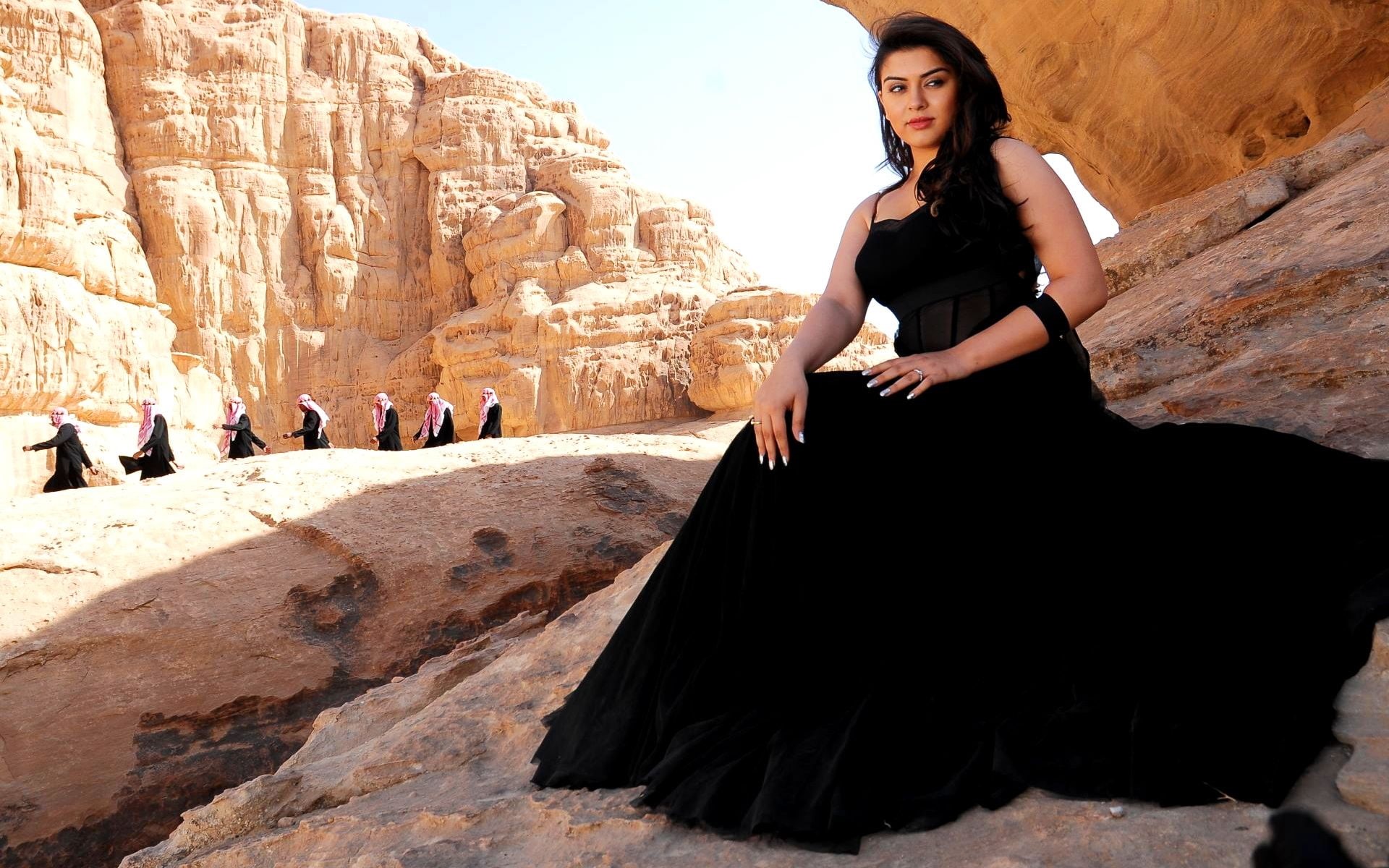 outdoors, Female Celebrities, day, rock formation, leisure activity, bollywood, fashion, hairstyle, black, young women, one person, dress, 1080P, real people, HD Wallpaper