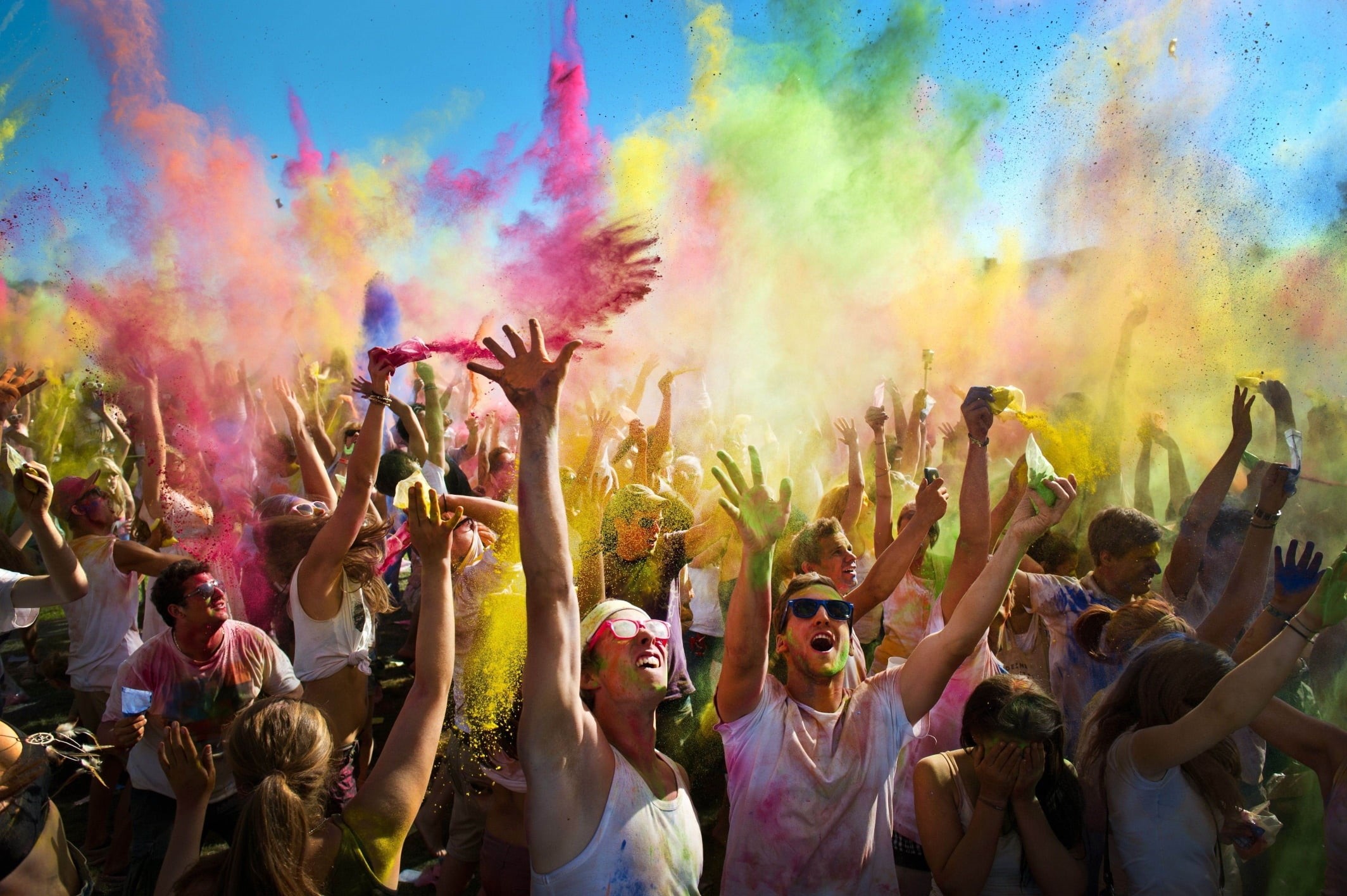 celebration, togetherness, enjoyment, event, dust, India, fun, crowd, adult, holi, human limb, hand raised, excitement, throwing, women, multi colored, HD Wallpaper
