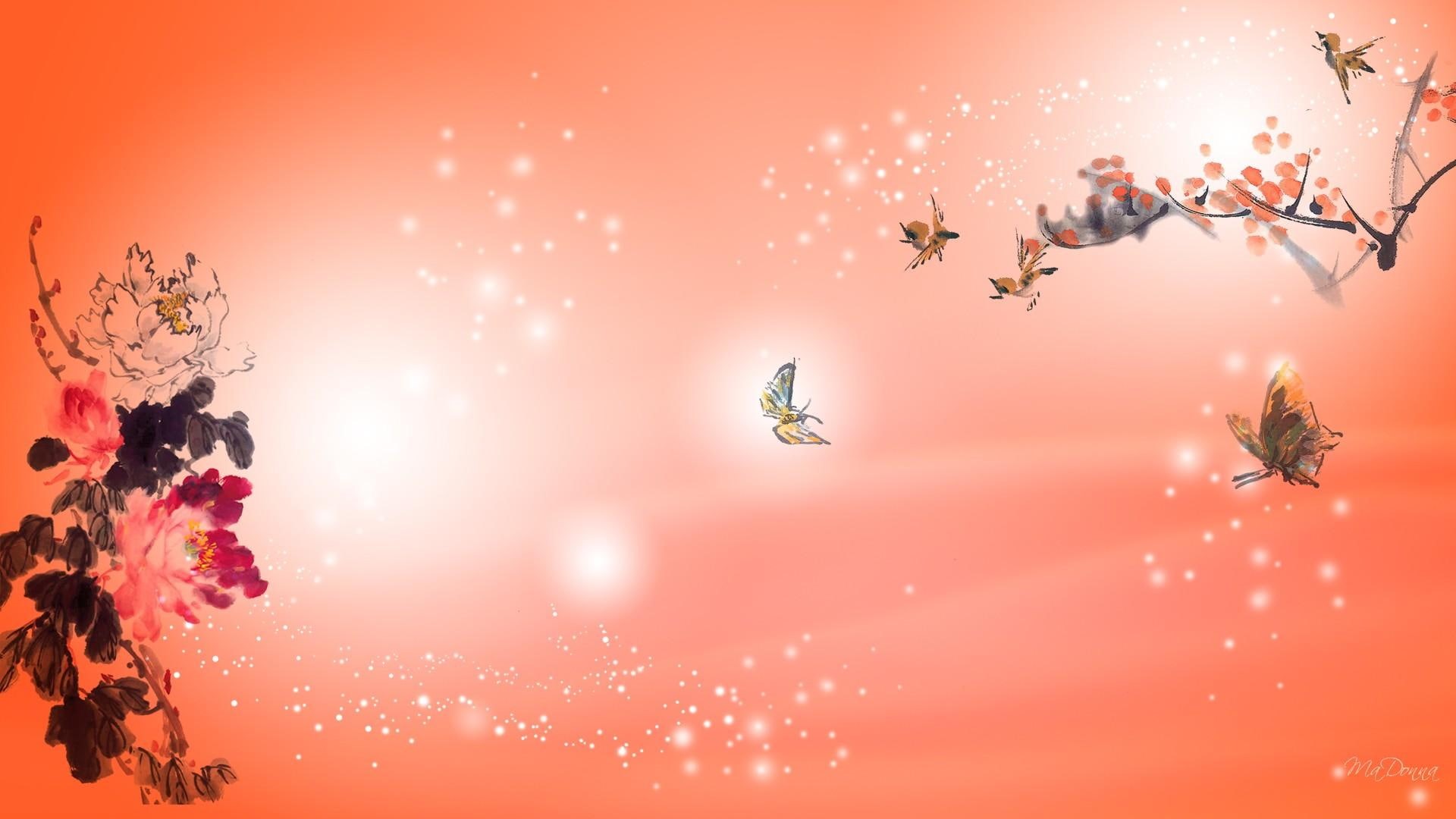 butterflies, illustration, flower, tangerine, s orange, blossoms, 1080P, firefox persona, birds, butterfly, stars, oriental, flowers, tree, sparkle, HD Wallpaper