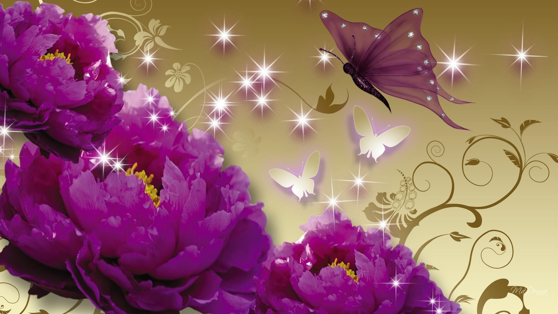 peonies, 1080P, summer, gold, 3d and abstract, puple, purple, butterflies, shine, firefox persona, stars, peony, flowers, HD Wallpaper