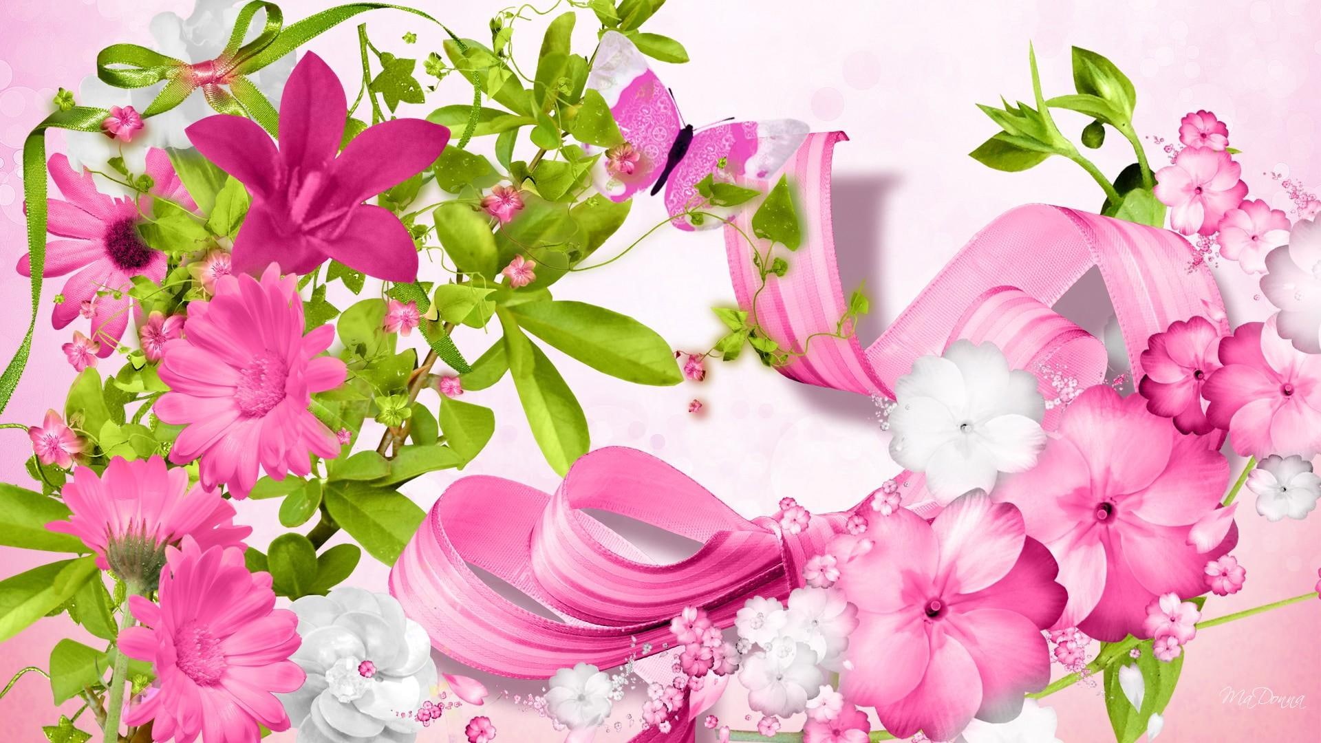 bows, feminine, floral, spring, 1080P, 3d and abstr, flowers, summer, ribbon, firefox persona, butterfly, pink, HD Wallpaper