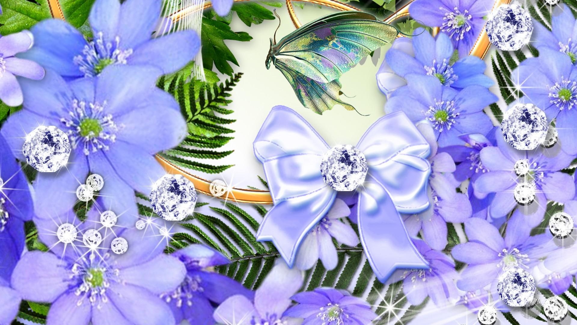 flowers, lavender, purple, 1080P, butterfly, diamonds, sparkle, illustration, flower, fern, stars, firefox persona, ribbon, bow, HD Wallpaper