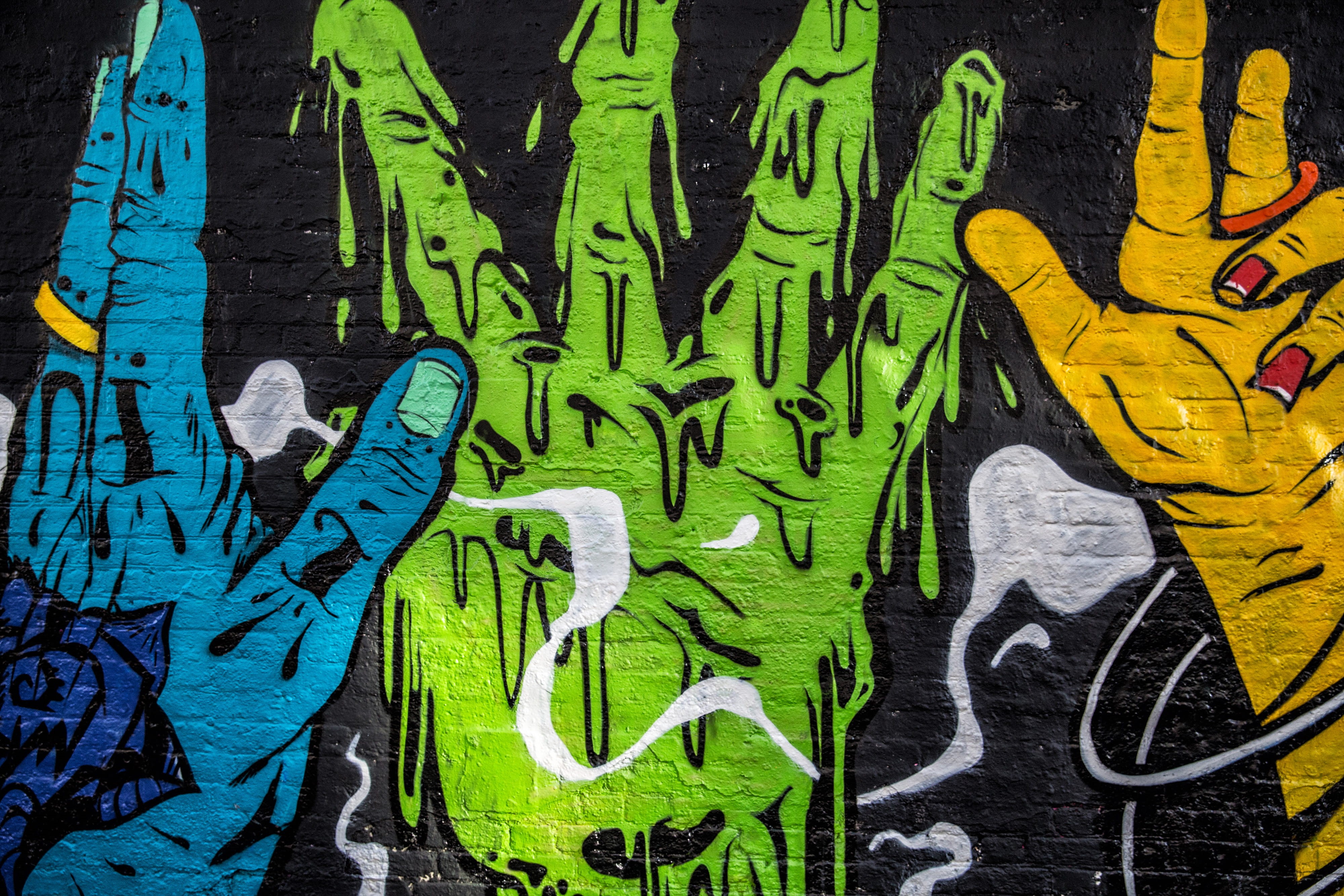 wall, backgrounds, Street art, paint, text, 4K, representation, close-up, people, spray paint, outdoors, creativity, art and craft, brick, wall - building feature, HD Wallpaper