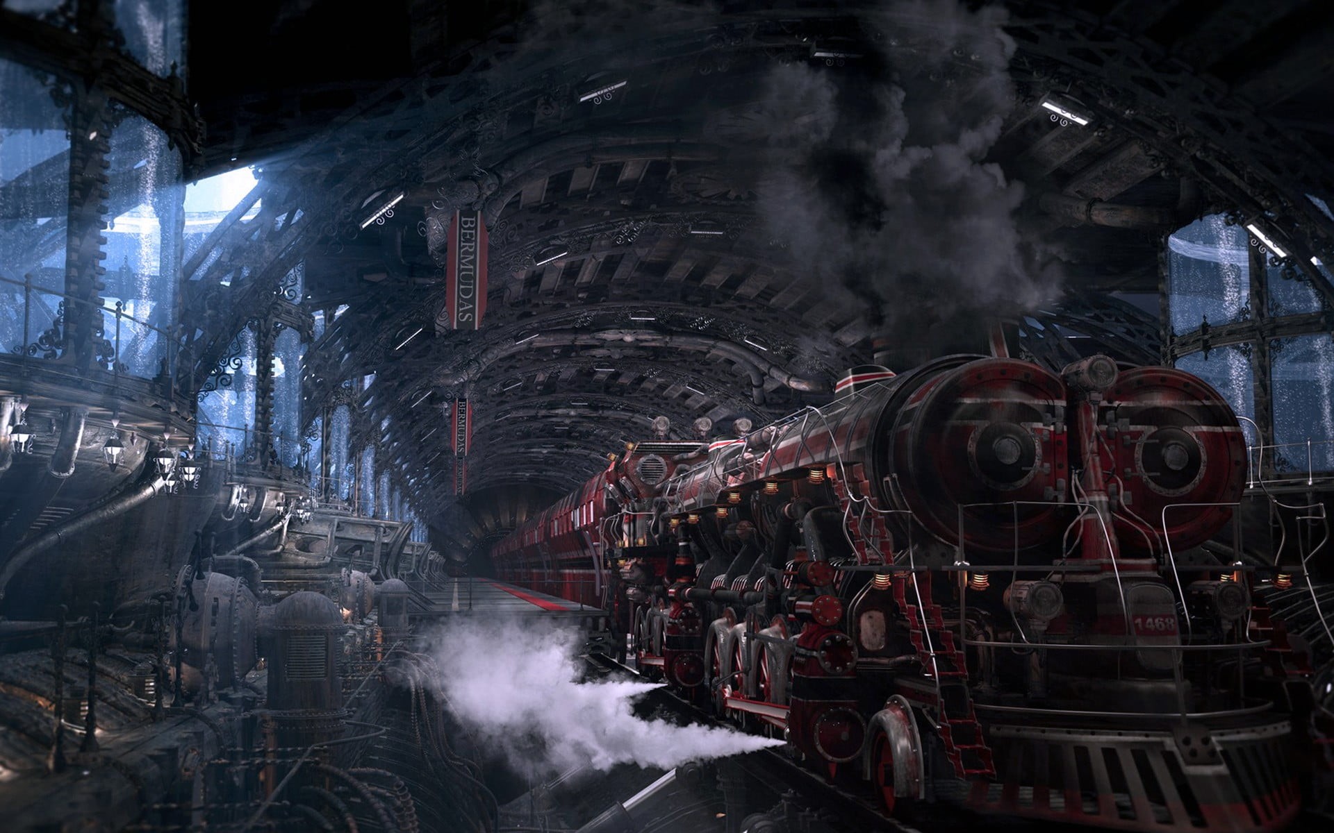 architecture, digital art, built structure, rail transportation, train station, Bermuda, steam, red, public transportation, no people, arch, steampunk, HD Wallpaper