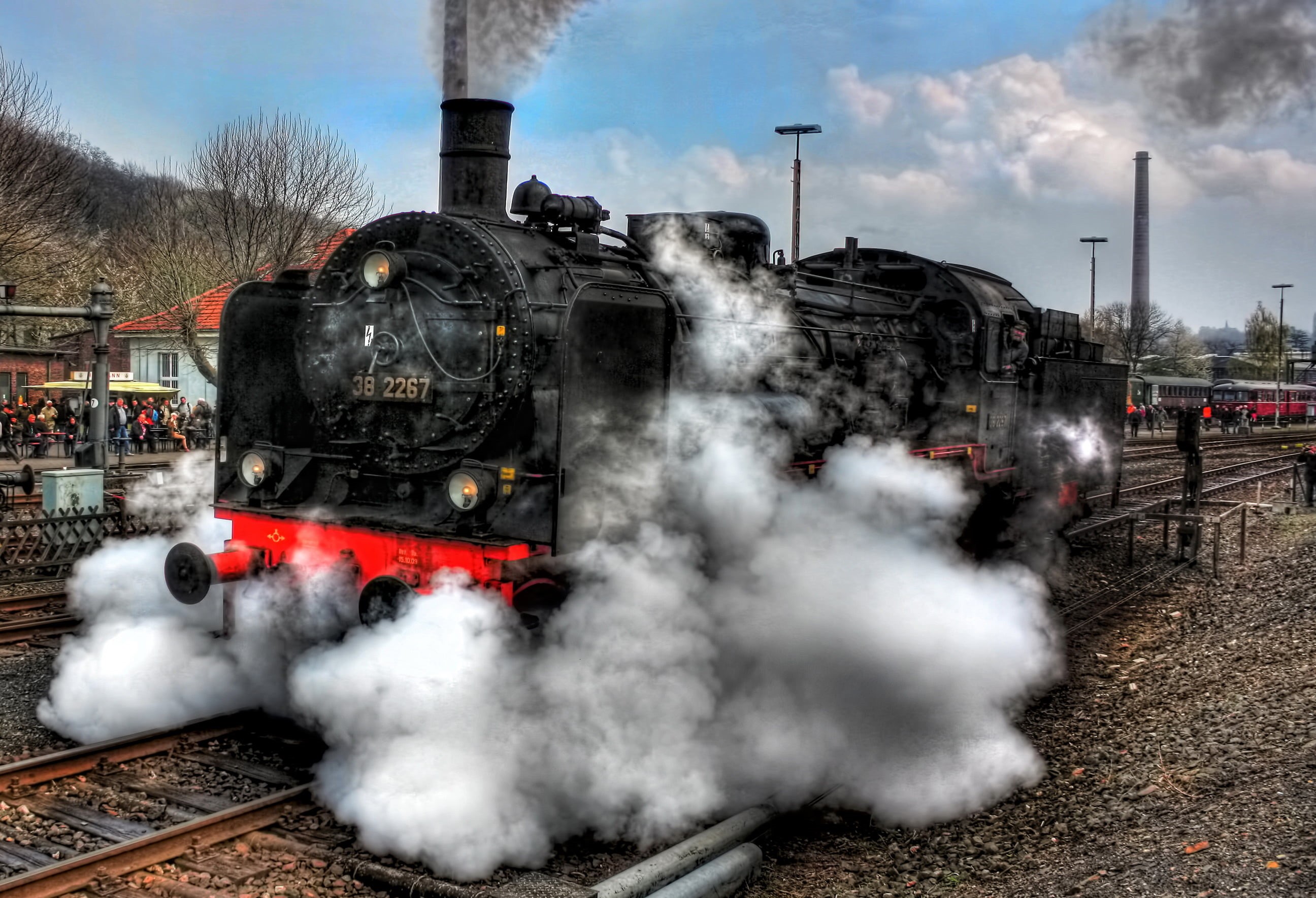 steam train, vehicle, motion, black, mode of transportation, cloud - sky, railroad track, outdoors, rail transportation, sky, track, vintage, train, transportation, HD Wallpaper