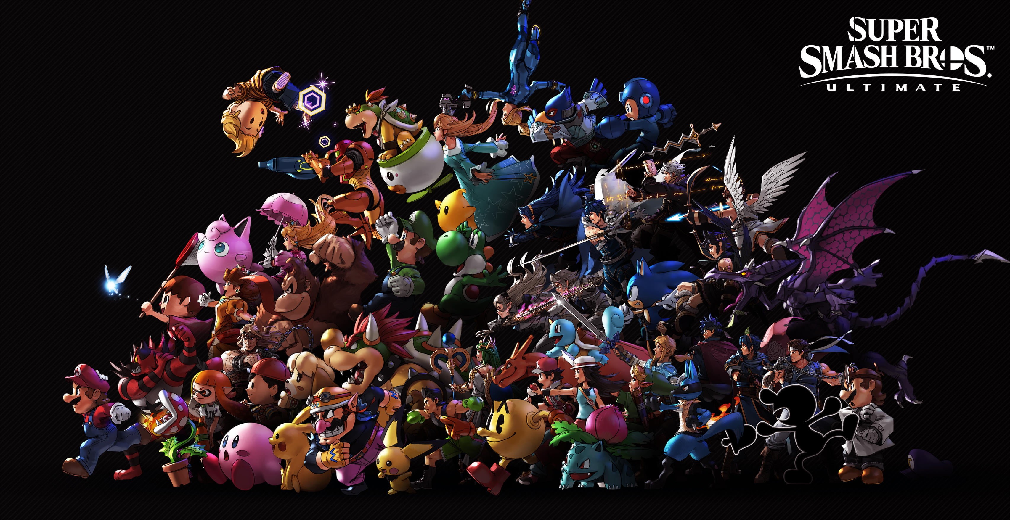 Robin (Fire Emblem), Ridley, Pichu, 2K, Pac-Man, Donkey Kong, Mario (Character, black background, Super Smash Bros. Ultimate, Lucario, Samus Aran, Link, HD Wallpaper