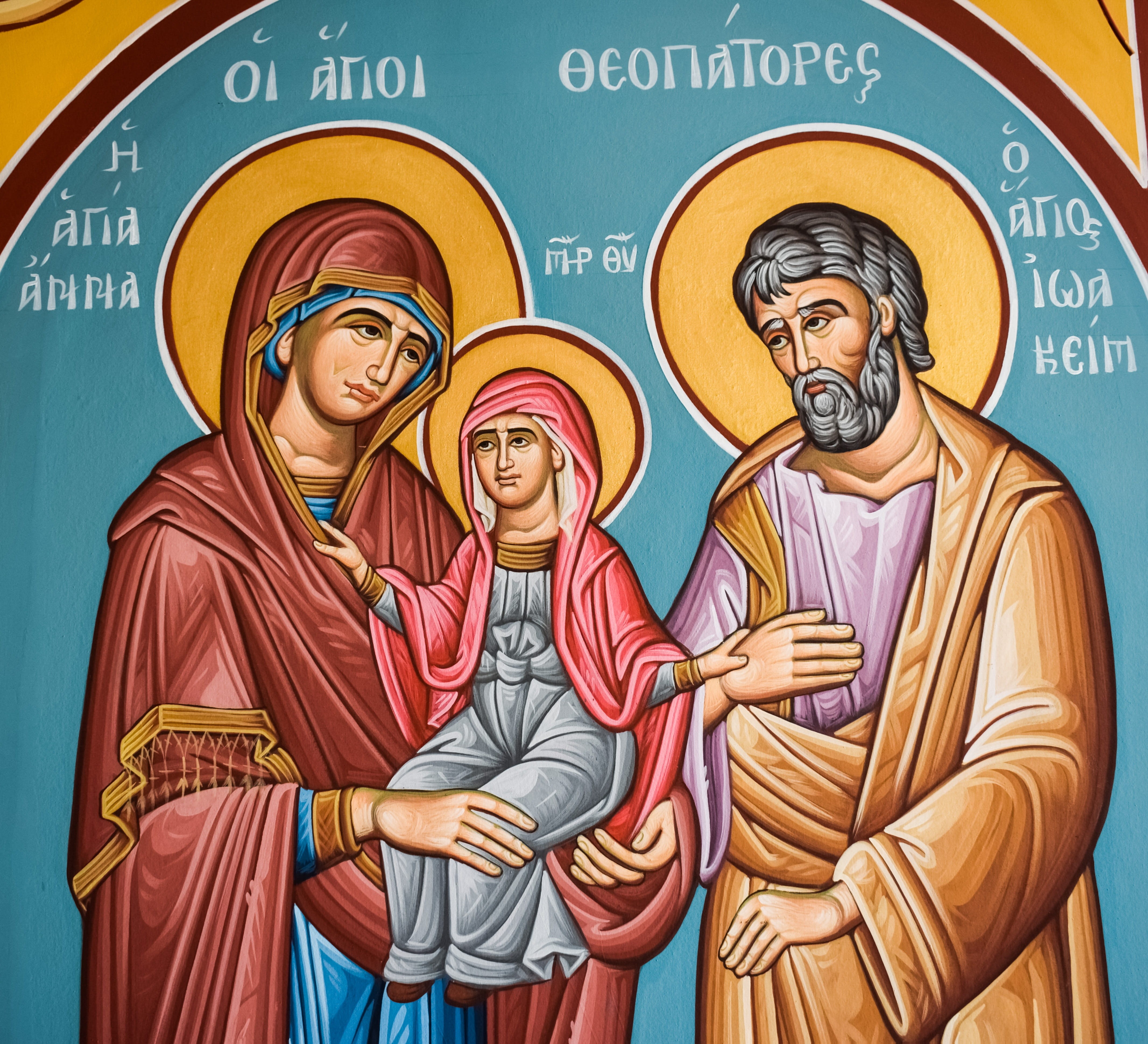 mural, female likeness, human representation, paralimni, ayia triada, belief, mother and father, iconography, church, representation, male likeness, joachim and anna, HD Wallpaper