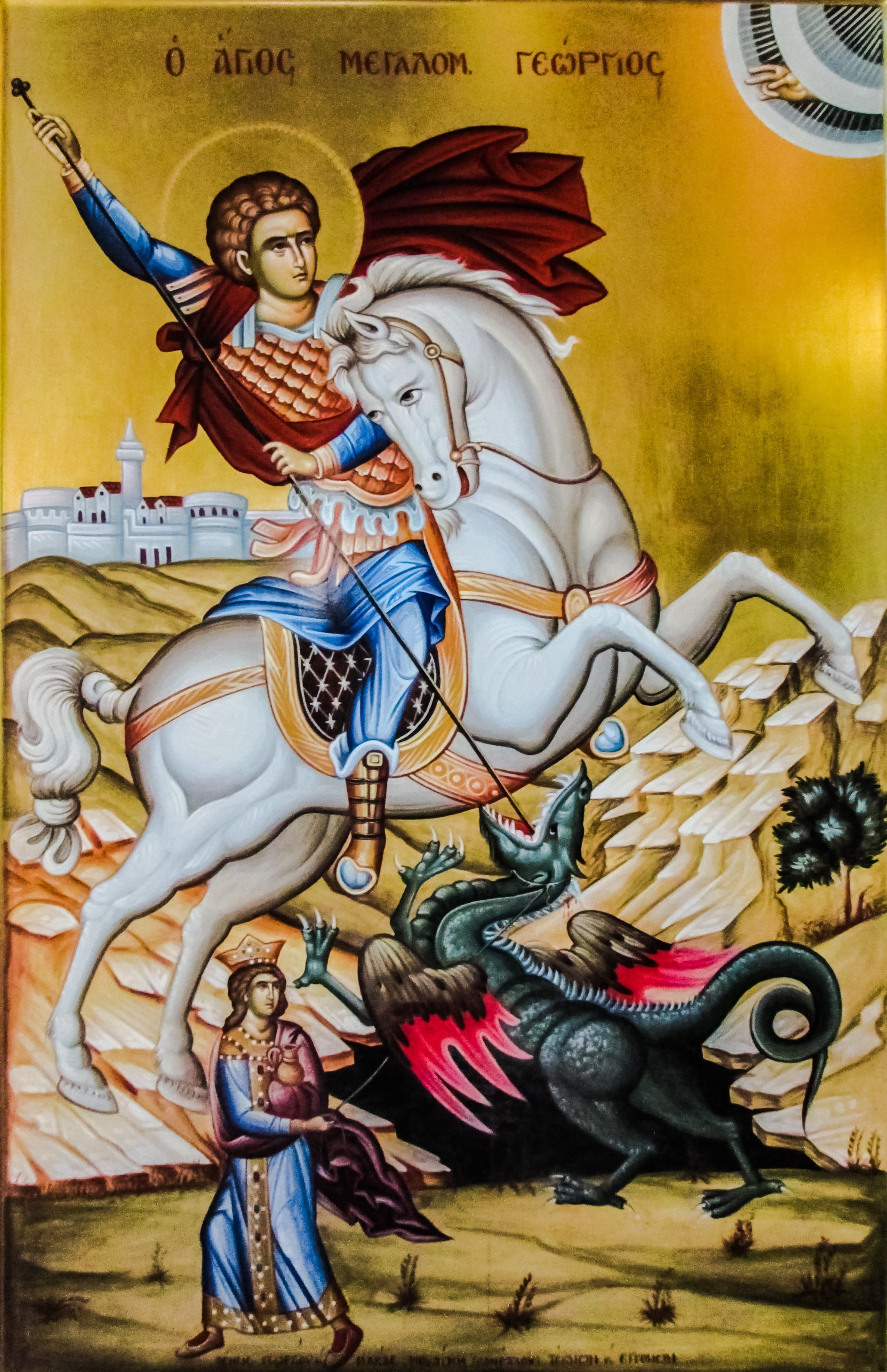 no people, dragon, mural, art and craft, female likeness, male likeness, indoors, Dragon, creativity, spirituality, iconography, ayios georgios, built structure, Phone HD Wallpaper
