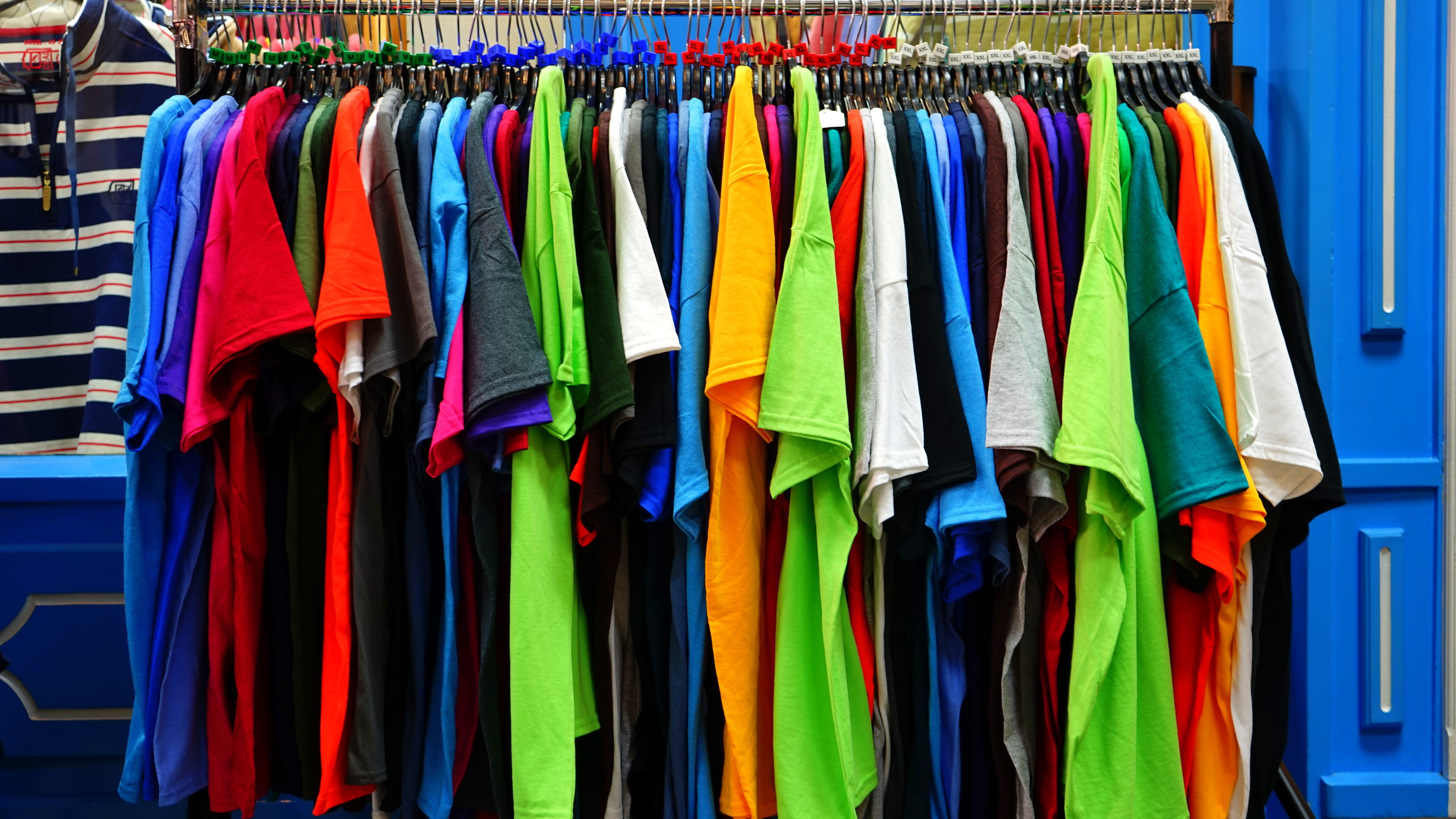 group, cotton, shopping, t-shirt, multi colored, laundry, outfit, blue, texture, style, abundance, for sale, orange, large group of objects, assorted, store, HD Wallpaper