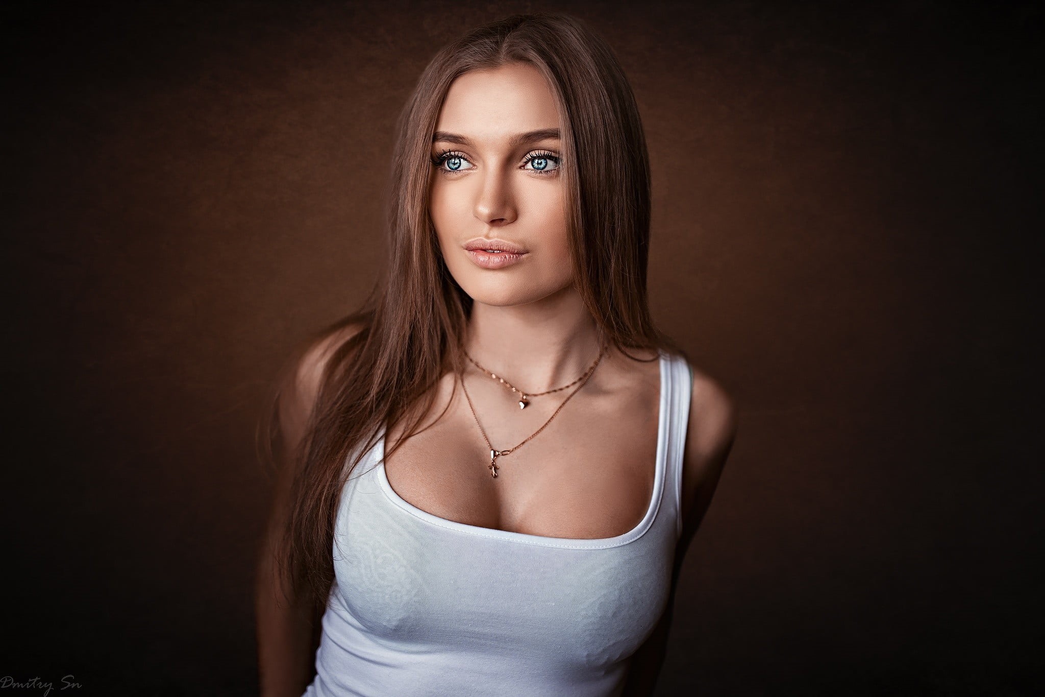 adult, front view, Dmitry Shulgin, indoors, black background, s, portrait, T-shirt, 1080P, studio shot, hairstyle, tank, young women, one person, human face, HD Wallpaper