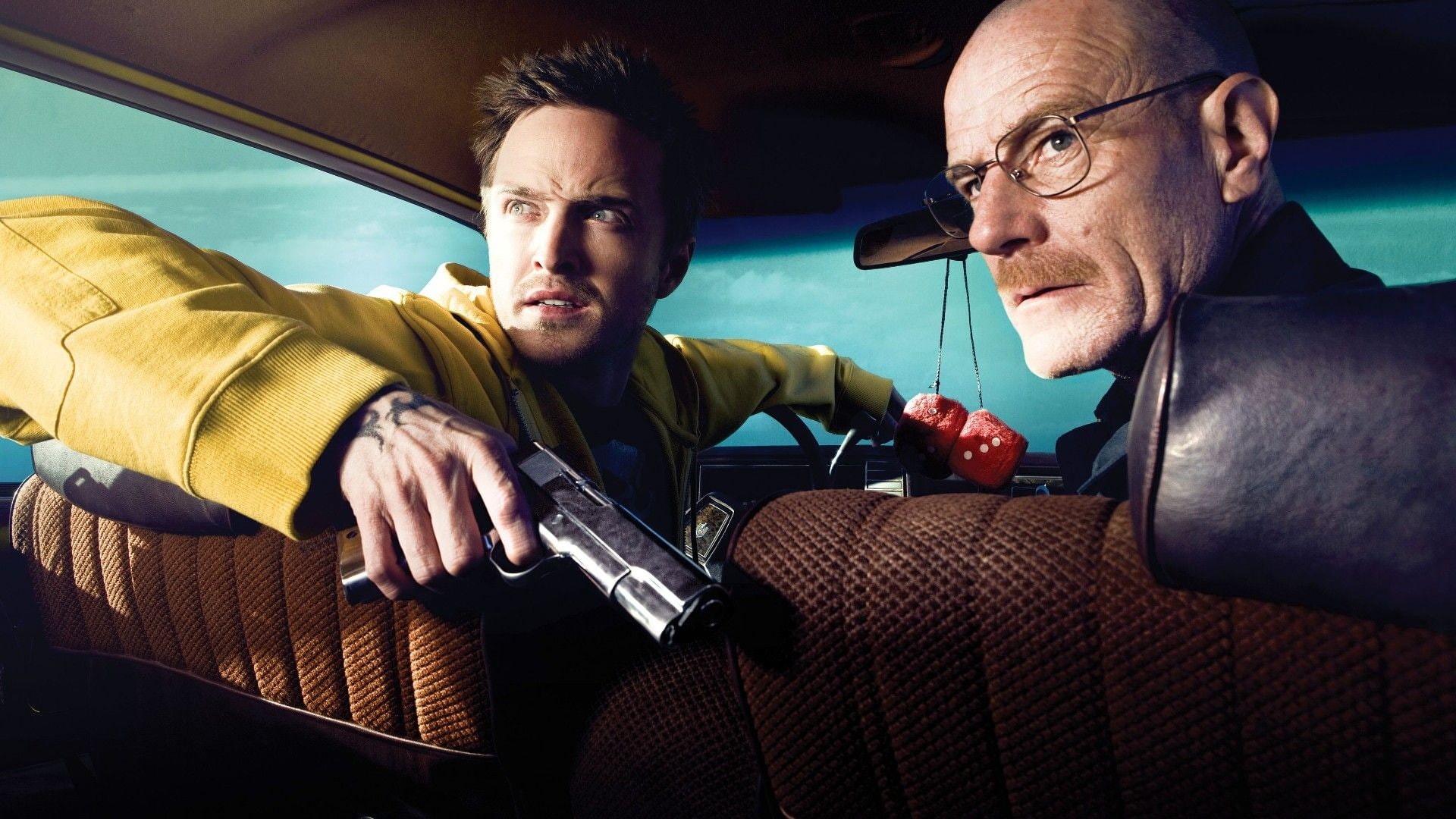 jesse pinkman, aaron paul, actors, handguns, men, hd, bad, breaking bad, breaking, 1080P, guns, bryan cranston, walter white, tv series, cars, HD Wallpaper