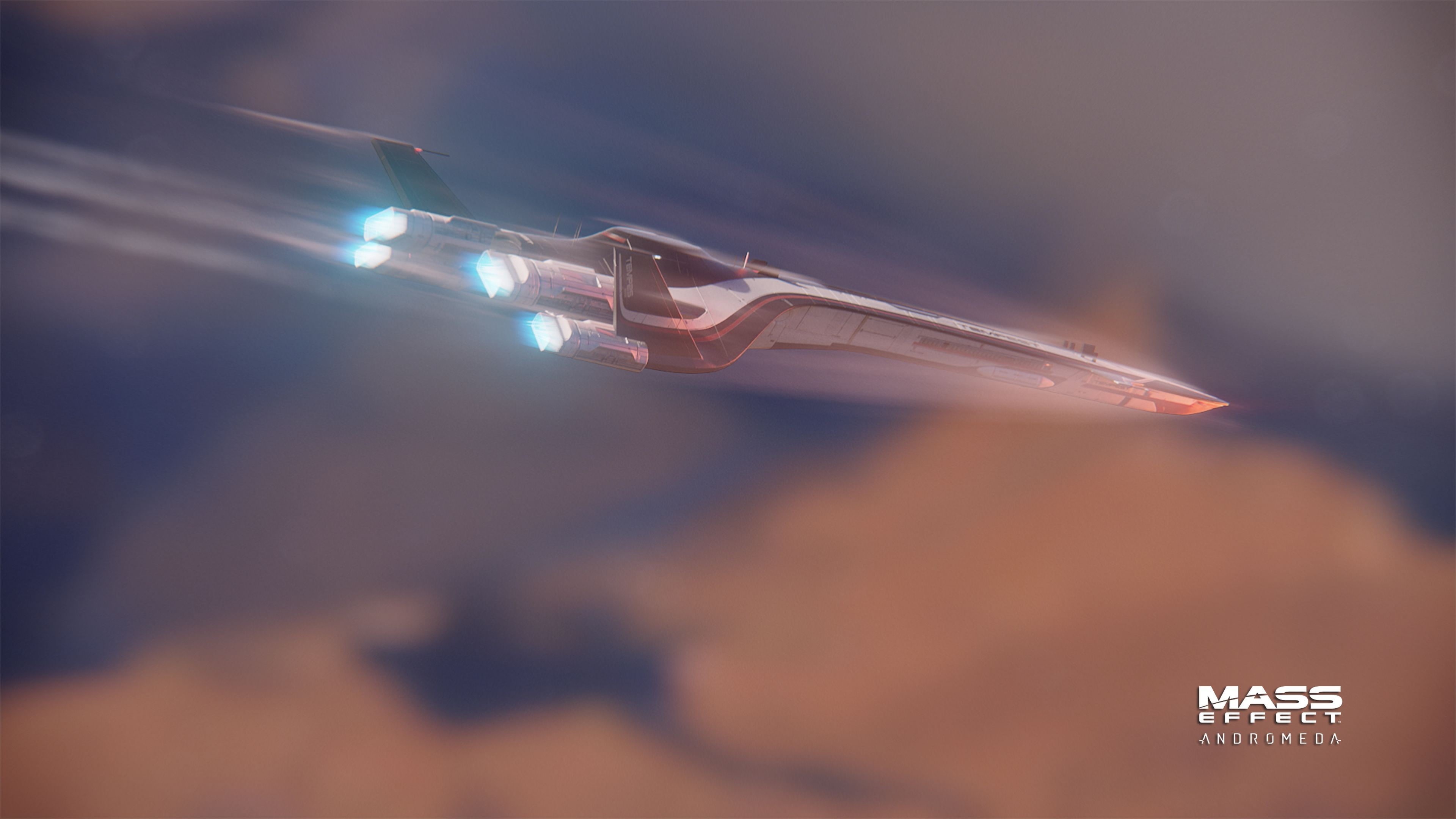 4K, flying, motion, mid-air, poster, Andromeda Initiative, plane, airplane, lens flare, air vehicle, Mass Effect: Andromeda, architecture, mode of transportation, HD Wallpaper