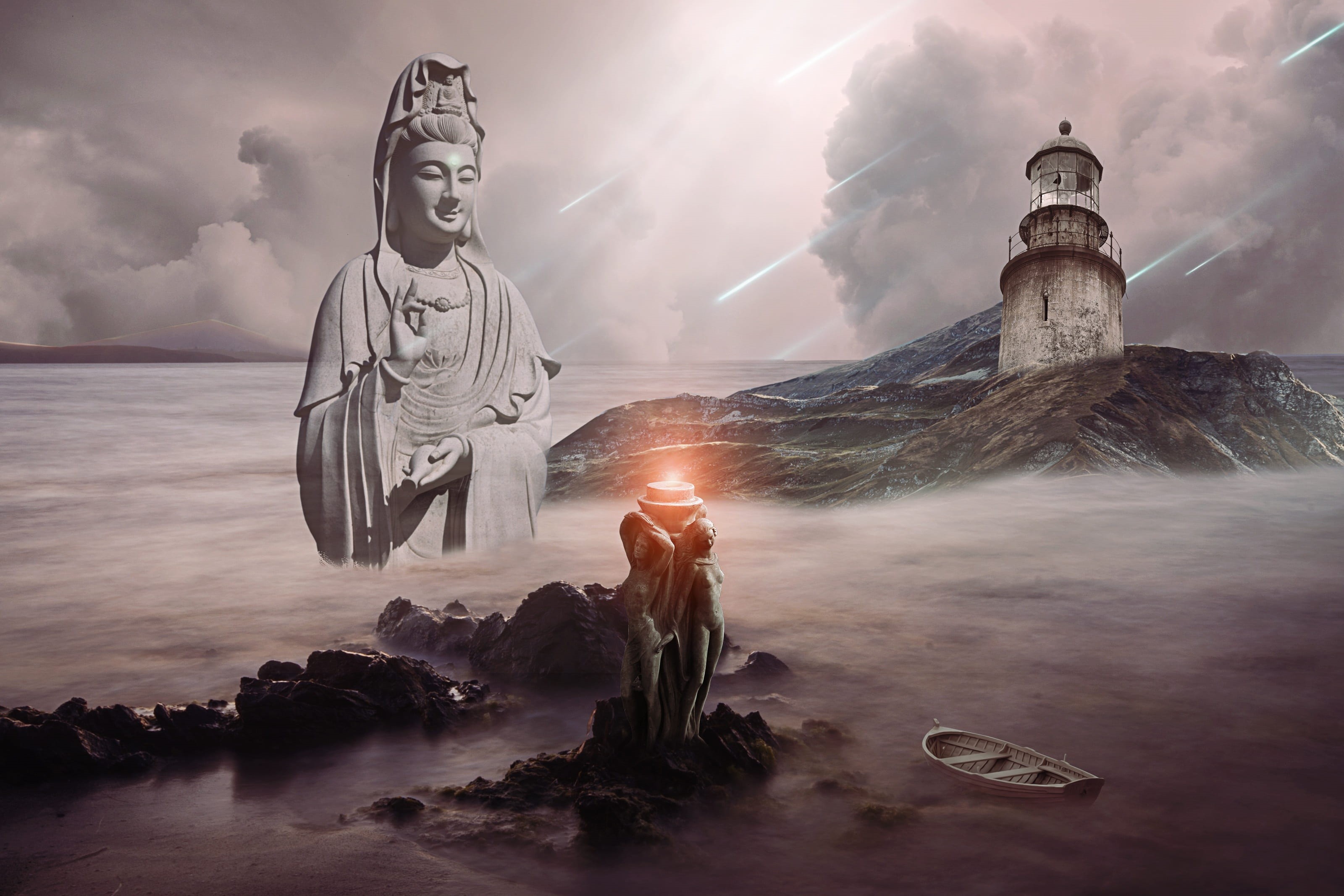 land, meditation, trance music, ethereal, sea, fantasy landscape, sculptures, guidance, scenics - nature, built structure, creativity, outdoors, statues, HD Wallpaper