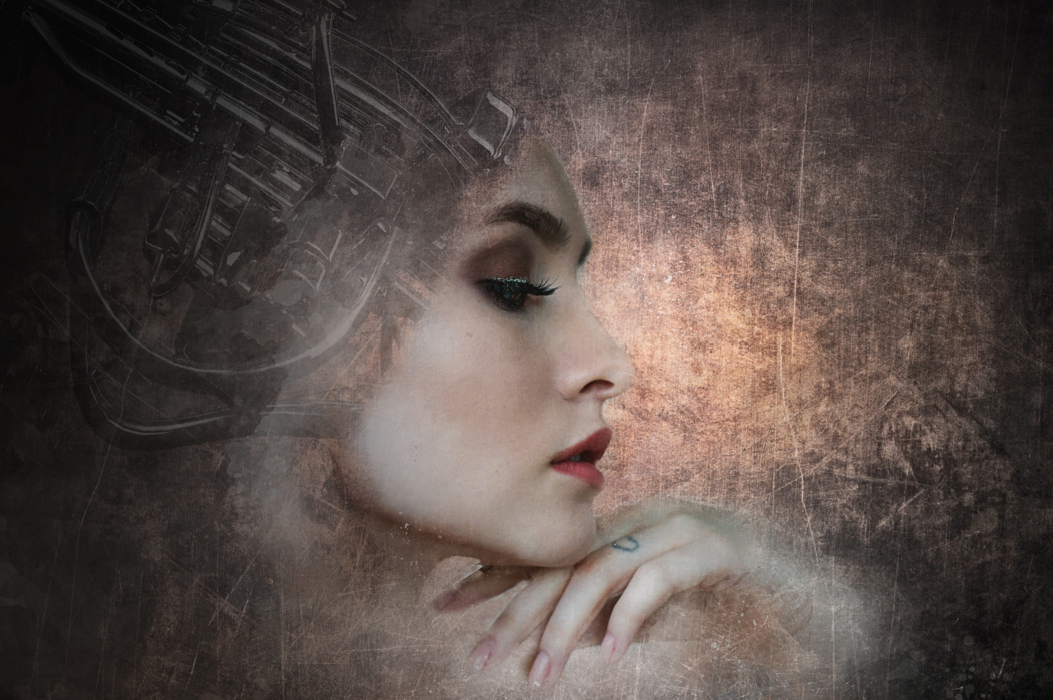 close-up, beautiful people, fashion, black background, depression - sadness, profile view, texture, digital composite, human face, 2K, ethereal, goth, HD Wallpaper