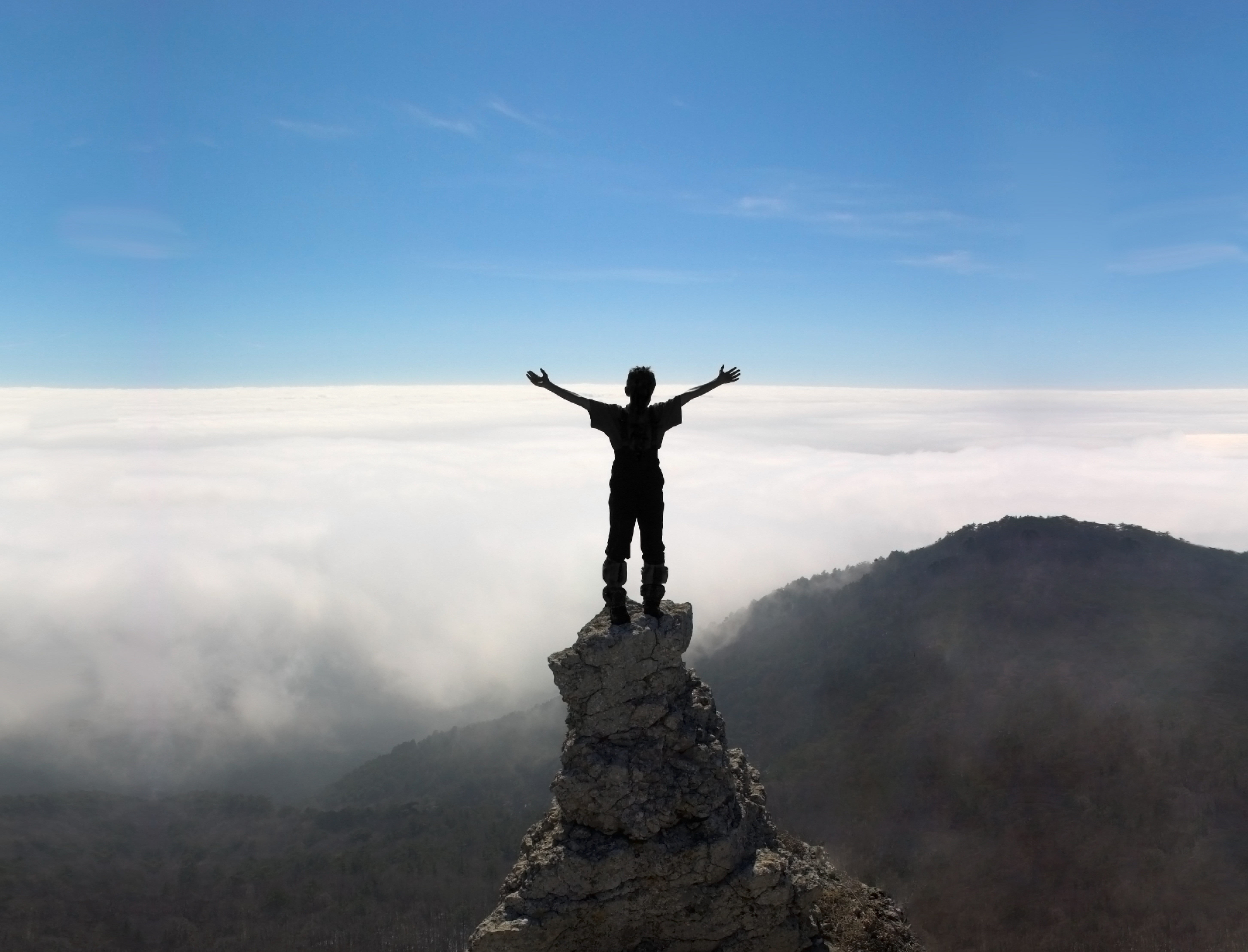 landscape, leisure activity, silhouette, climbing, excitement, photography, courage, blue, exploration, human arm, mountain Peak, real people, on Top Of, HD Wallpaper