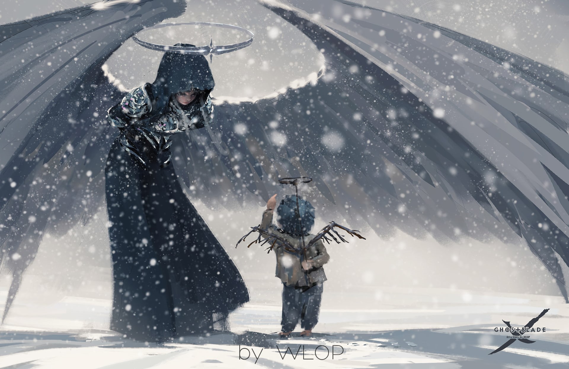 WLOP, snow, 1080P, fantasy art, Ghost Blade, angel, HD Wallpaper