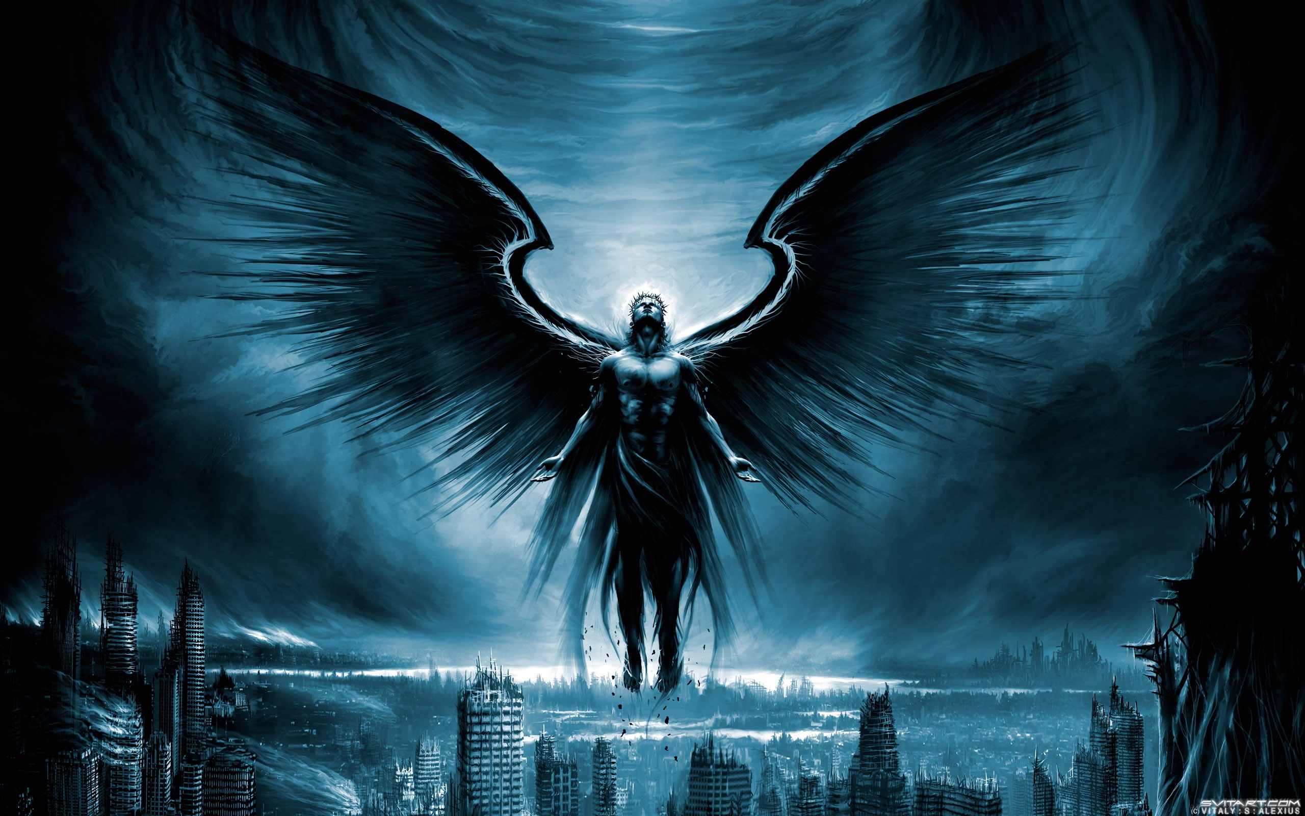 ruins, 2K, the Archangel, wings, the city, HD Wallpaper