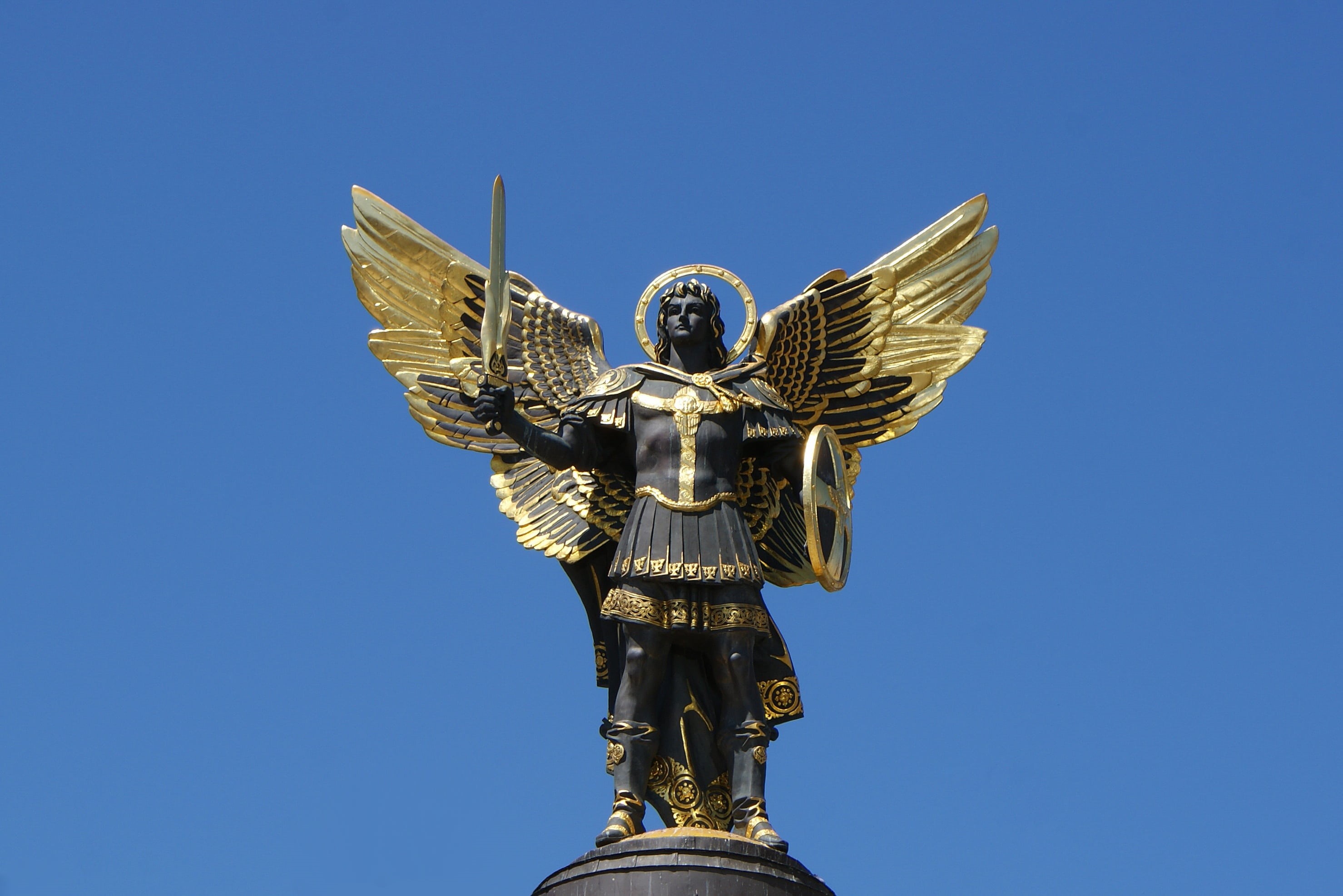 kyiv, craft, built structure, man, monument, wings, statue, skies, human representation, architecture, clear sky, gold colored, archangel michael, sword, HD Wallpaper