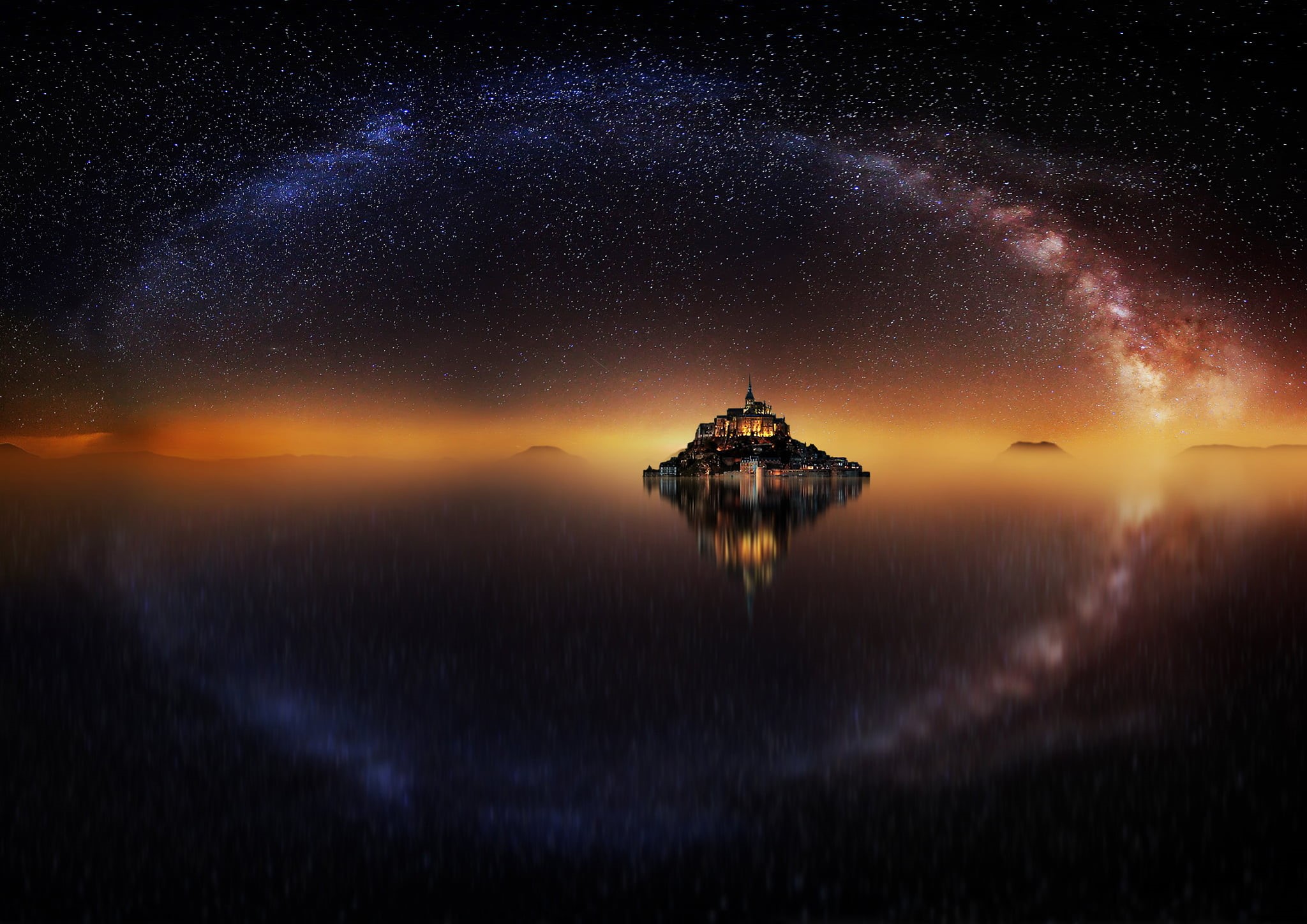 island, stars, scenics - nature, milky way, built structure, reflection, the sky, galaxy, 1080P, night, space and astronomy, star, beauty in nature, France, HD Wallpaper