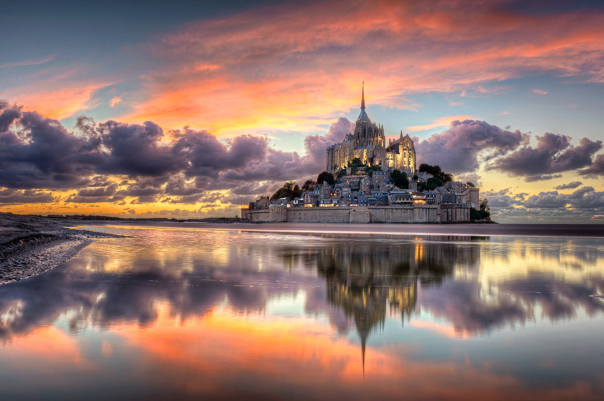 building, cloud - sky, the island fortress of, waterfront, Normandy, France, water, sunset, travel destinations, nature, 1080P, the city, sky, building exterior, HD Wallpaper