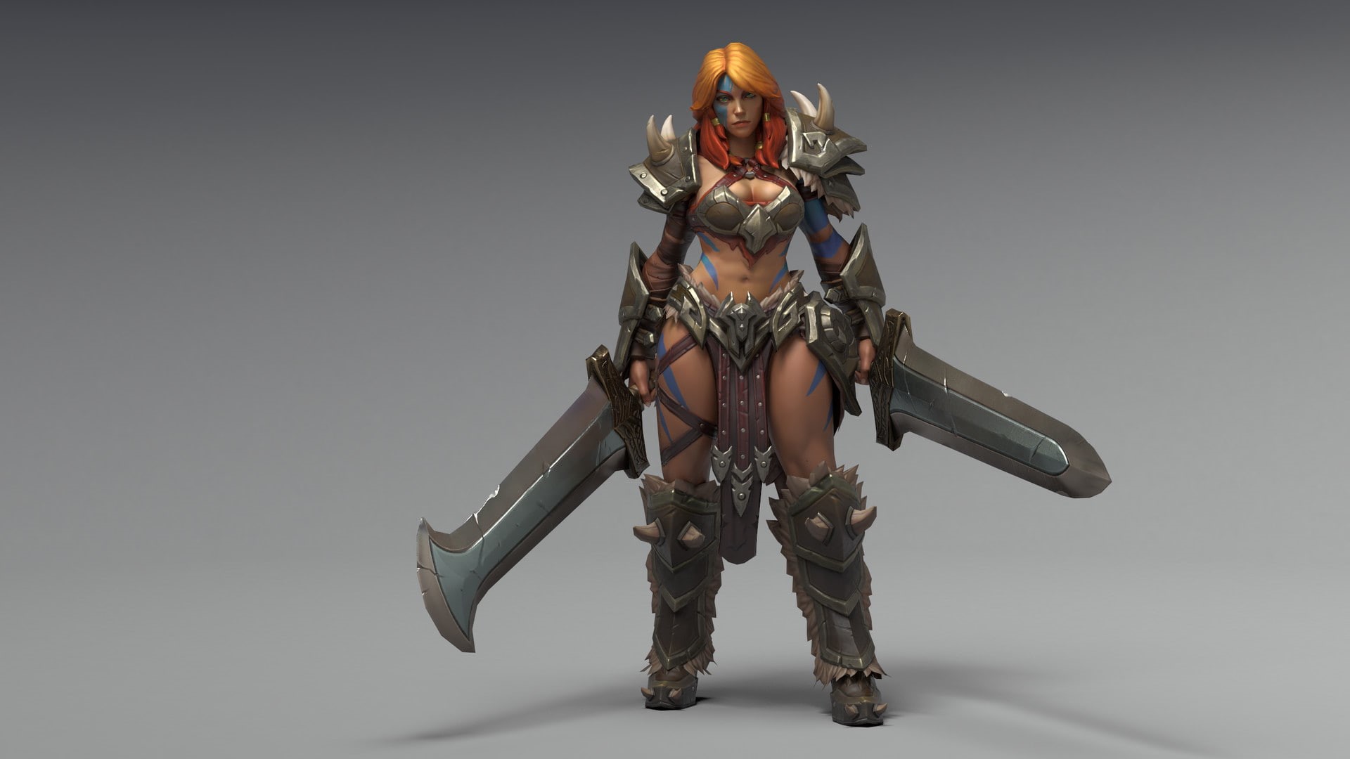 video games, women, tattoo, long hair, Diablo III, 3D, warrior, simple background, render, 1080P, armor, sword, fantasy girl, Diablo 3: Reaper of Souls, HD Wallpaper