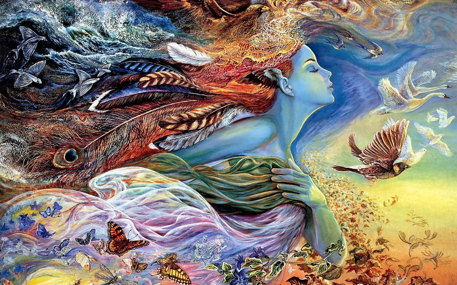 face, nature, animal themes, full frame, backgrounds, 1080P, art and craft, women, close-up, closed eyes, abstract, water, animals in the wild, multi colored, HD Wallpaper