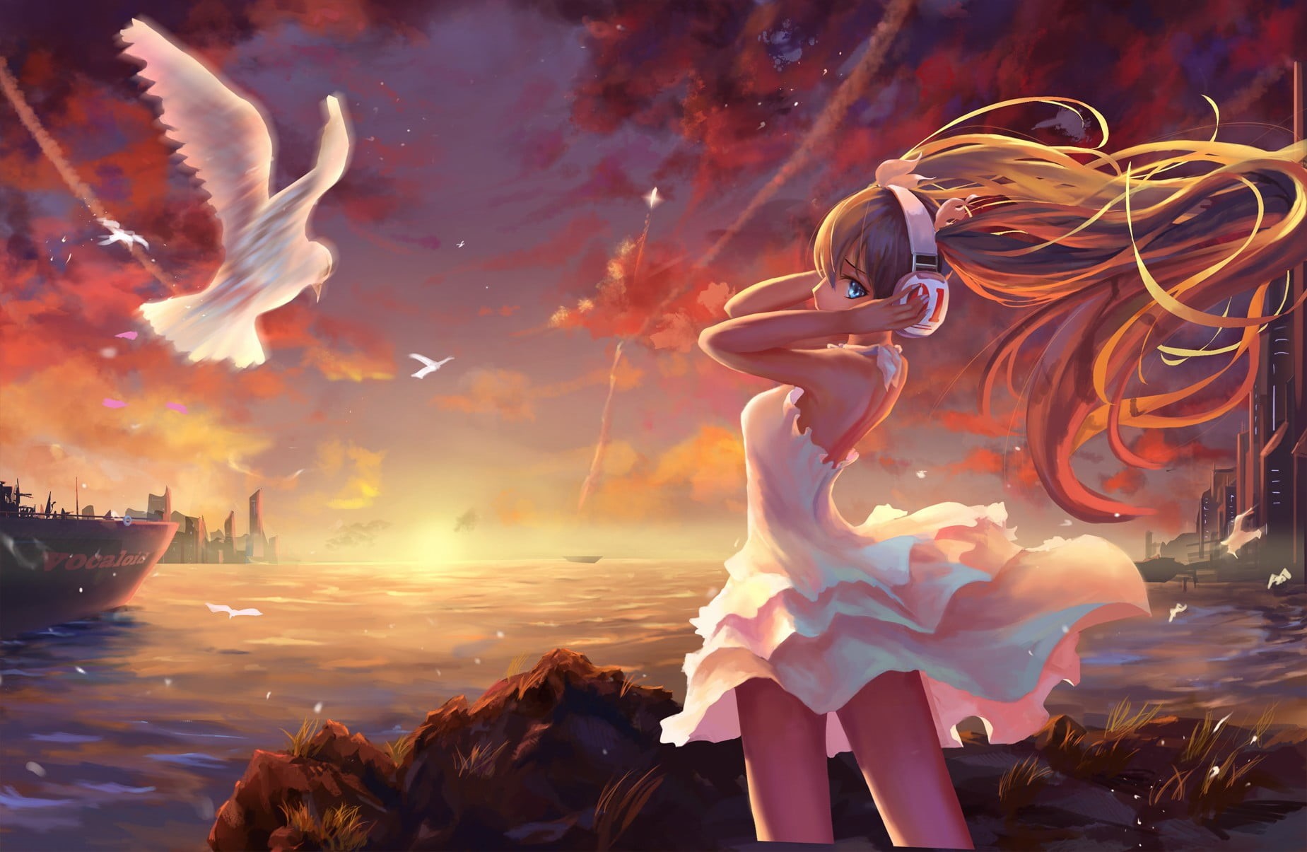 nature, character, anime girls, lifestyles, white dress, water, people, landscape, real people, sunset, adult, windy, haired, dove, outdoors, Vocaloid, HD Wallpaper
