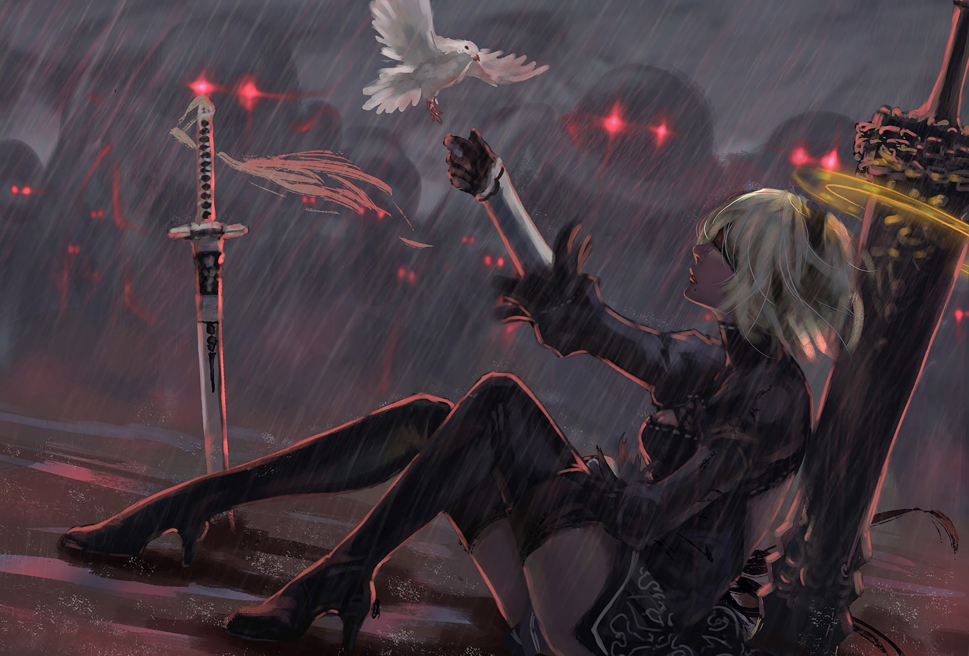 White Hair, Glow, Black Dress, Katana, NieR: Automata, High Heels, Glove, Weapon, Rain, Robot, Glowing Eyes, YoRHa No.2 Type B, Girl, Short Hair, Bird, HD Wallpaper