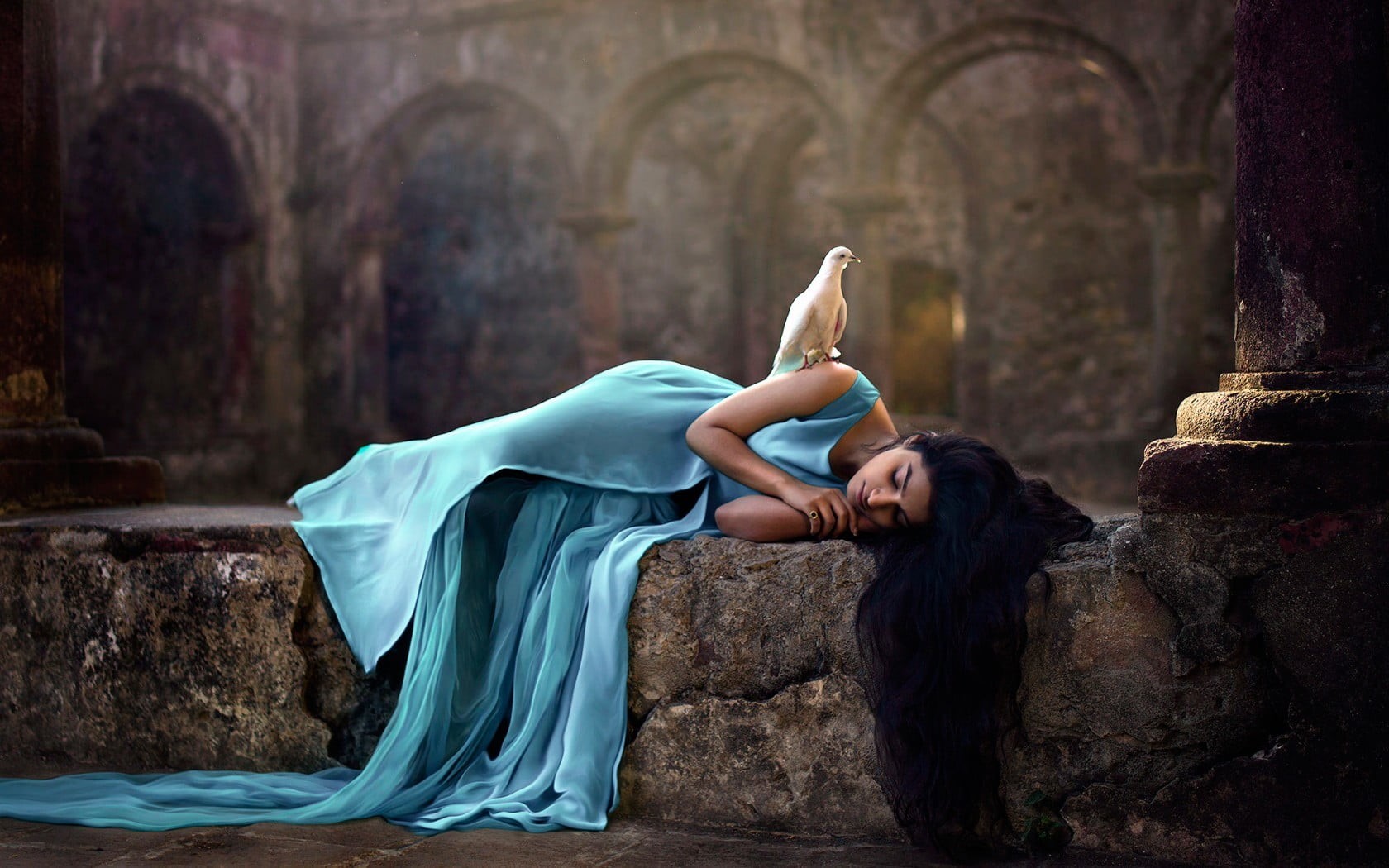 real people, outdoors, Indian, blue dress, women, built structure, full length, architecture, adult, hair, pillar, beautiful woman, dove, 720P, fashion, HD Wallpaper