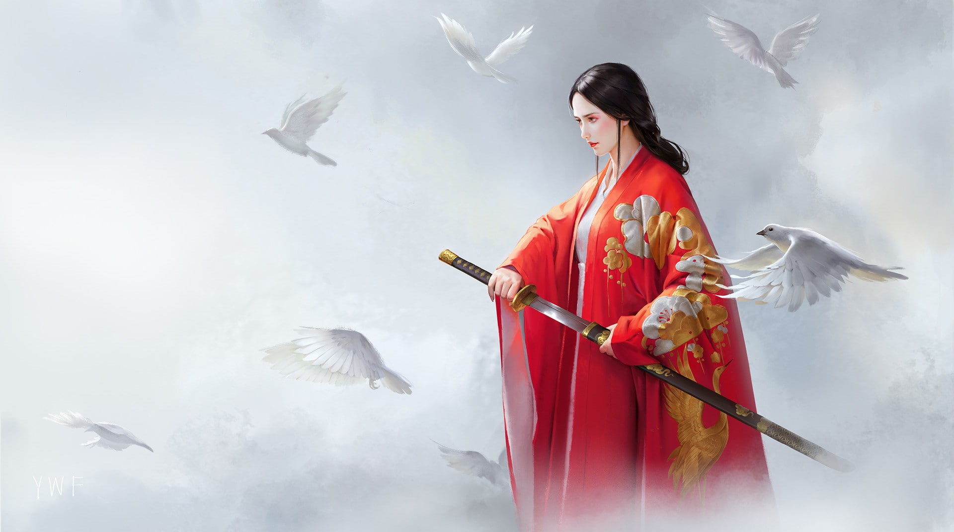animals in the wild, nature, animal wildlife, flying, vertebrate, brunette, women, Tunic, one person, katana, hoods, young adult, makeup, 1080P, group of animals, HD Wallpaper