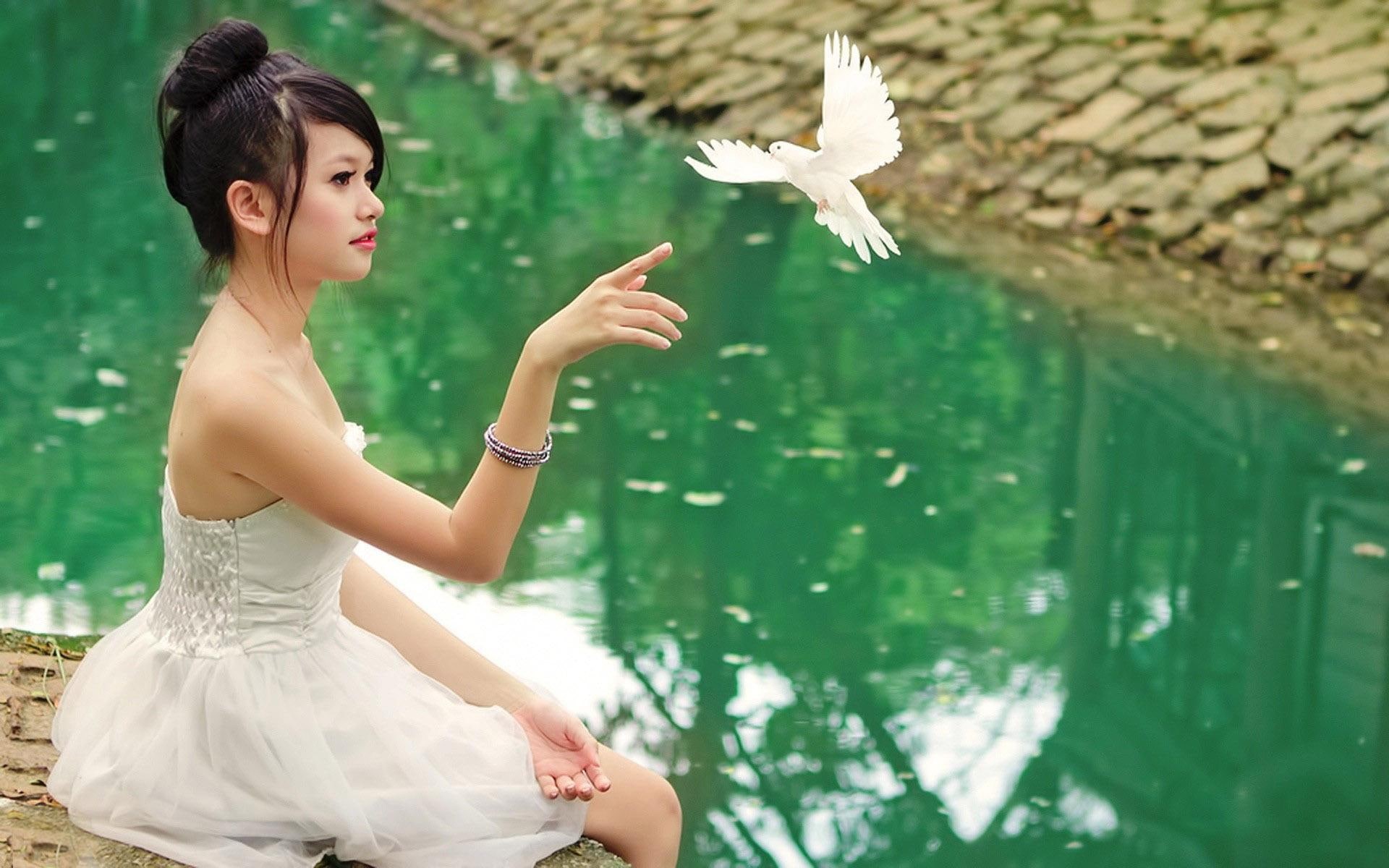 woman, 1920x1200, s, 1080P, dress, white, tube, mini, dove, bird, women, girl, girls, HD Wallpaper