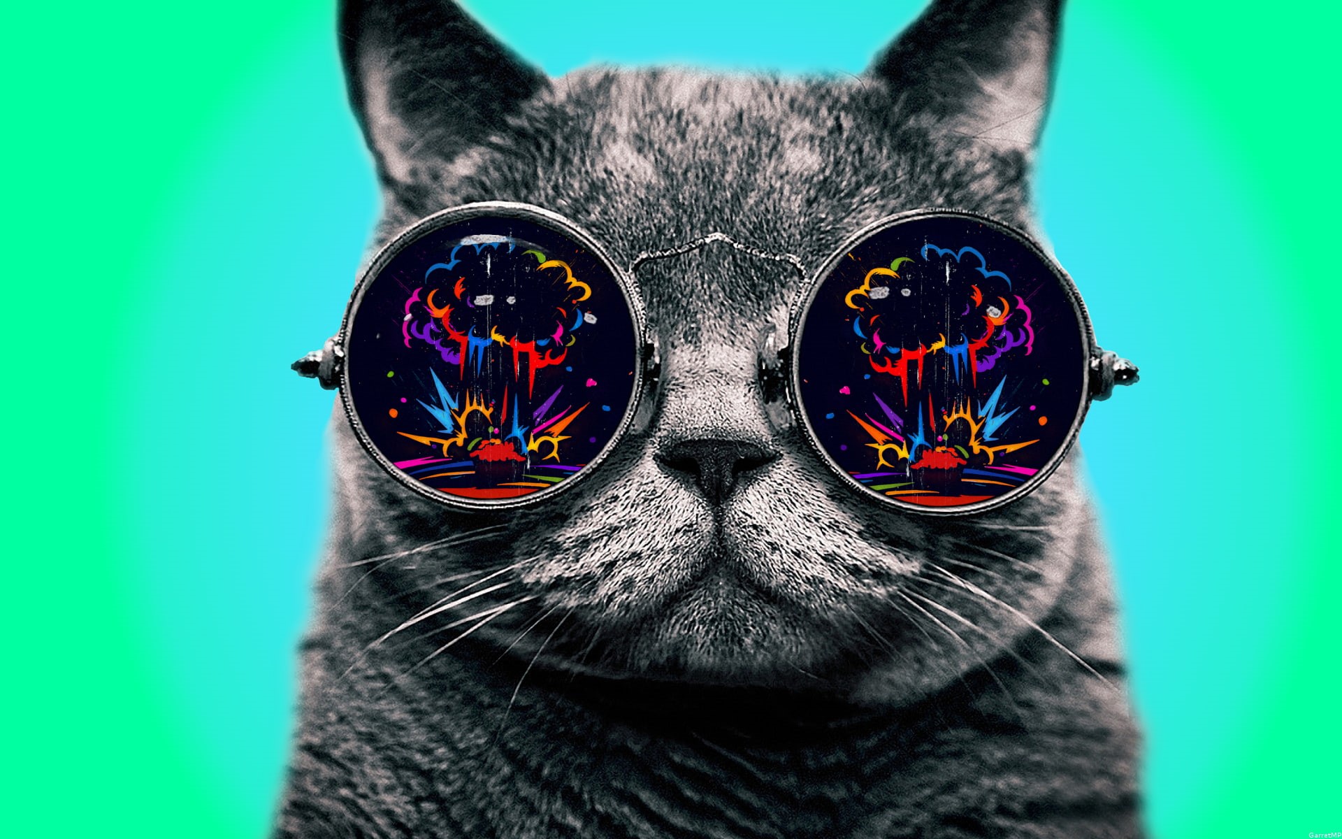 dope, explosion, simple background, animals, Morpheus, 1080P, cat, glasses, digital art, colorful, HD Wallpaper