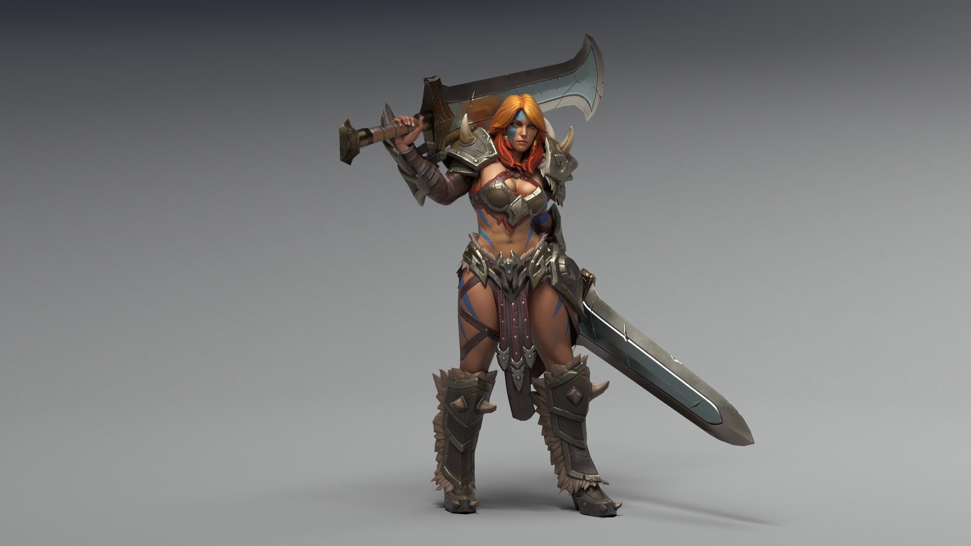 green eyes, art and craft, full length, human representation, Barbarian, women, carrying, armor, indoors, 1080P, Diablo 3: Reaper of Souls, one person, HD Wallpaper