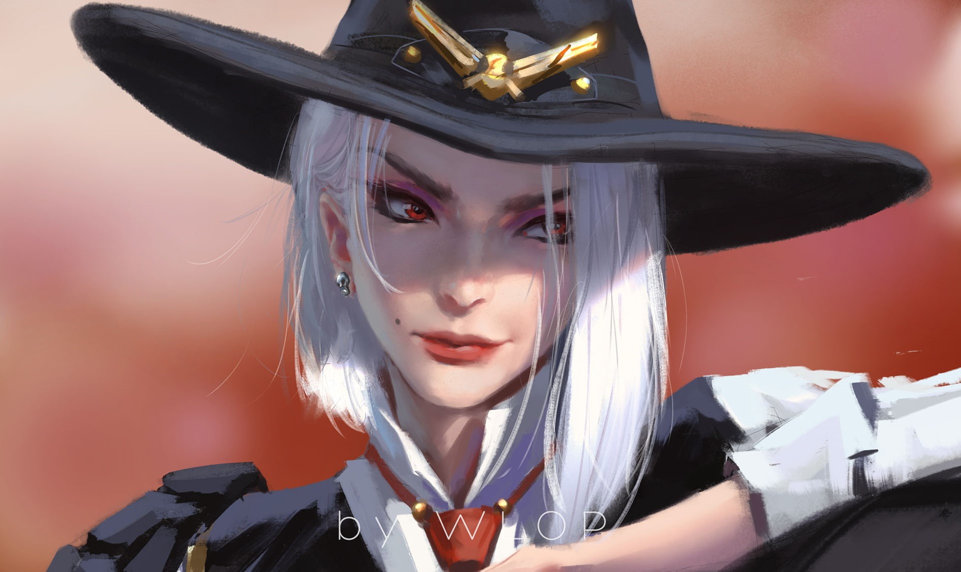 PC gaming, red eyes, artwork, Ashe (Overwatch), 1080P, Overwatch, WLOP, white hair, women, HD Wallpaper