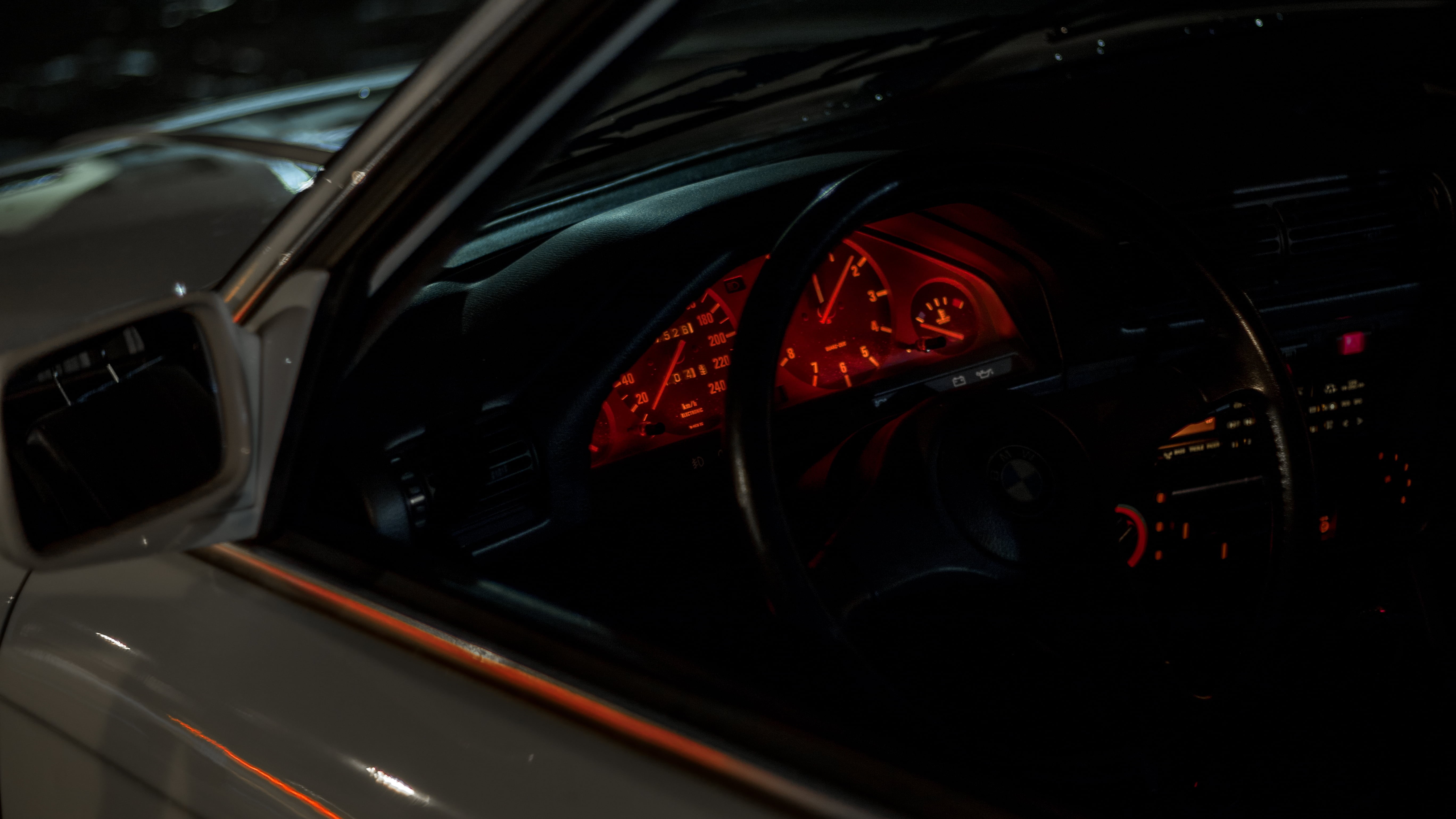 old car, Oldtimer, transportation, bmw serie 3, interior, illuminated, lights, BMW, windshield, car, travel, white cars, indoors, vehicle interior, 5K, HD Wallpaper
