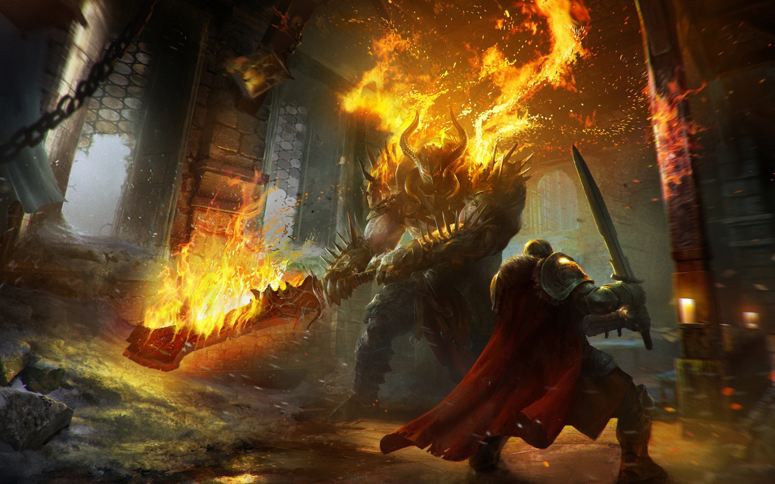 architecture, man, burning, fantasy art, celebration, art and craft, building, indoors, representation, heat - temperature, video games, built structure, HD Wallpaper