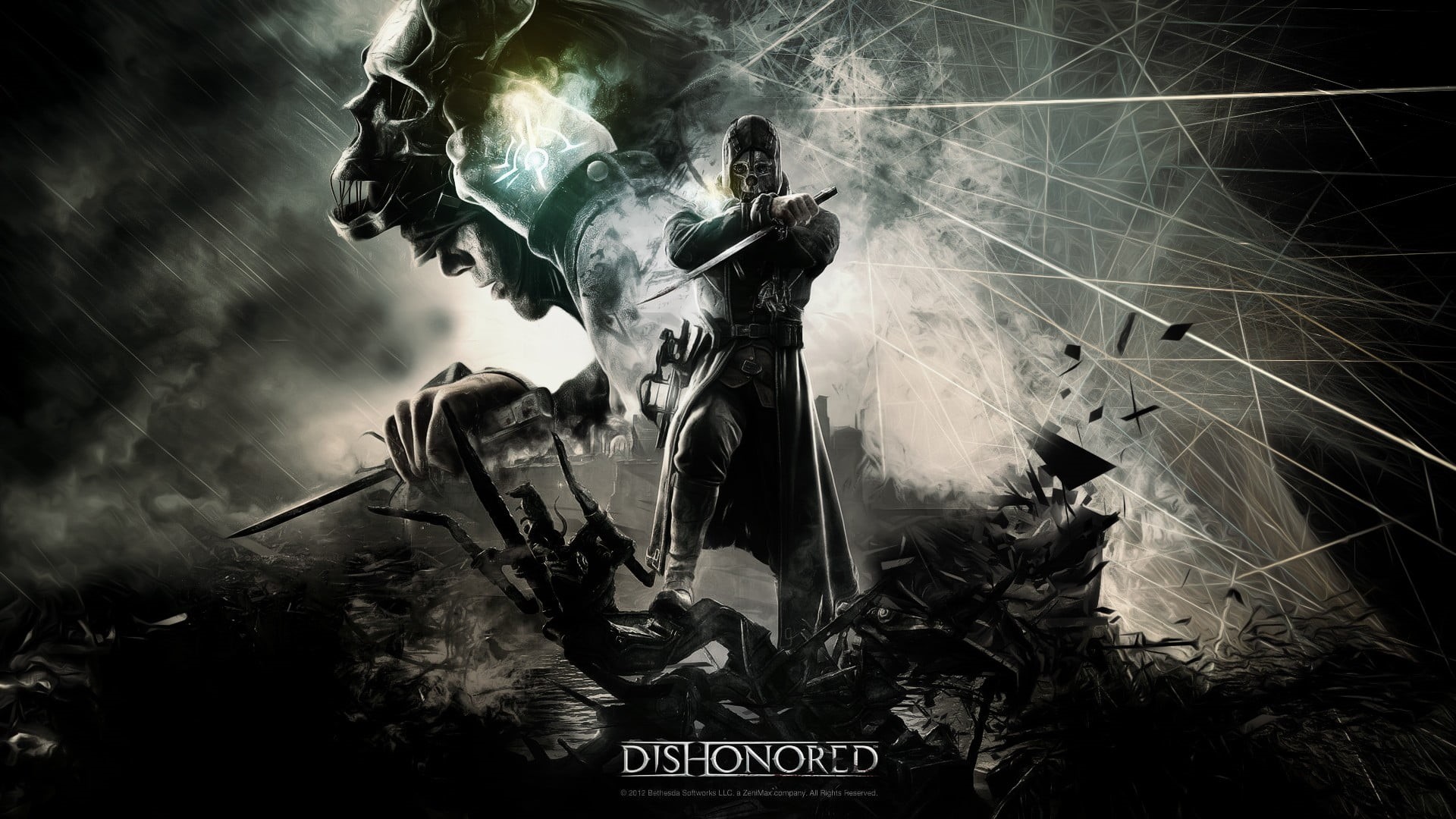 evil, architecture, arts culture and entertainment, Dishonored, aggression, night, human representation, text, communication, low angle view, male likeness, HD Wallpaper
