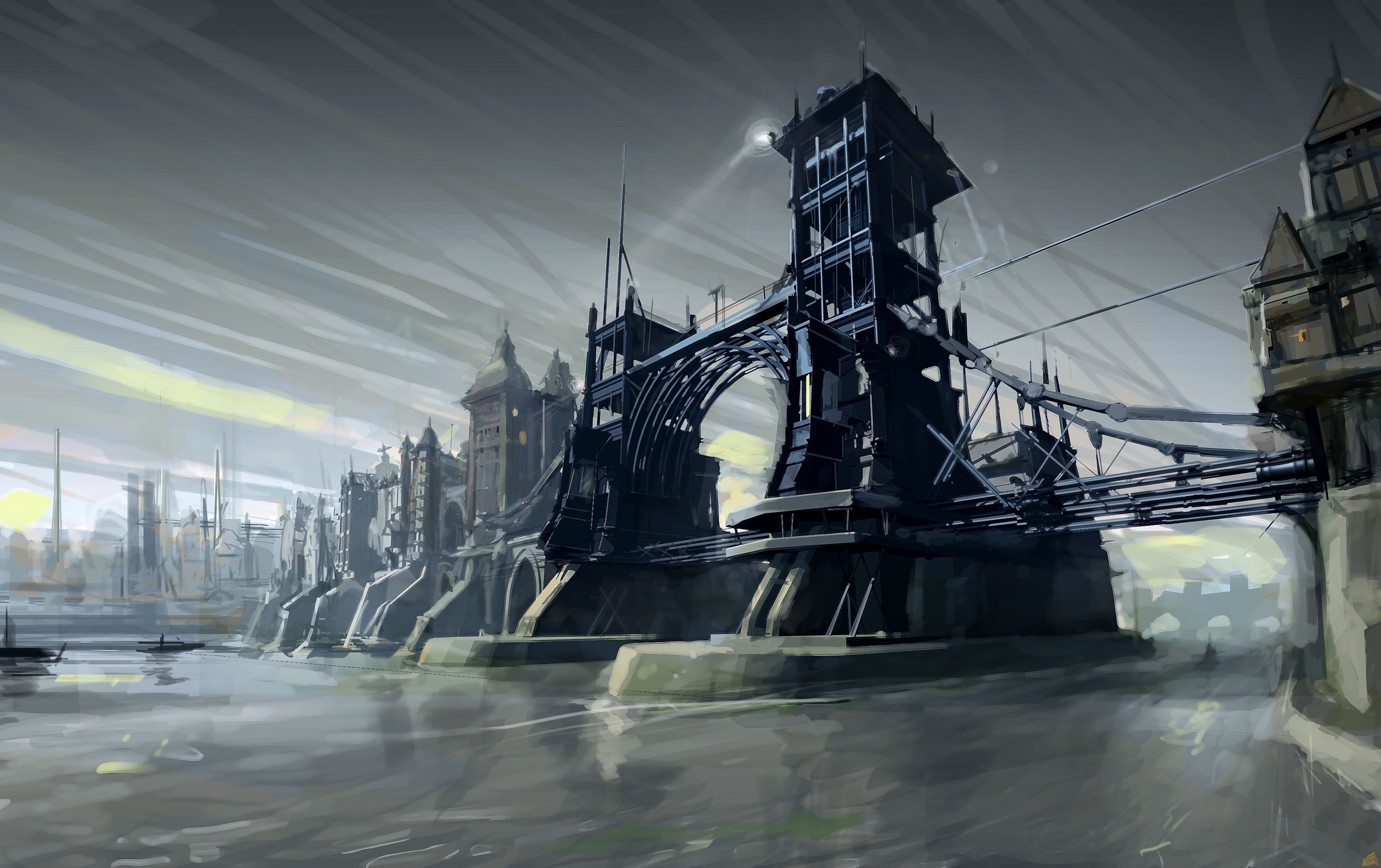 connection, no people, 4K, motion, nature, bridge, city, Dishonored, artwork, outdoors, gray, sky, industry, long exposure, water, video games, HD Wallpaper