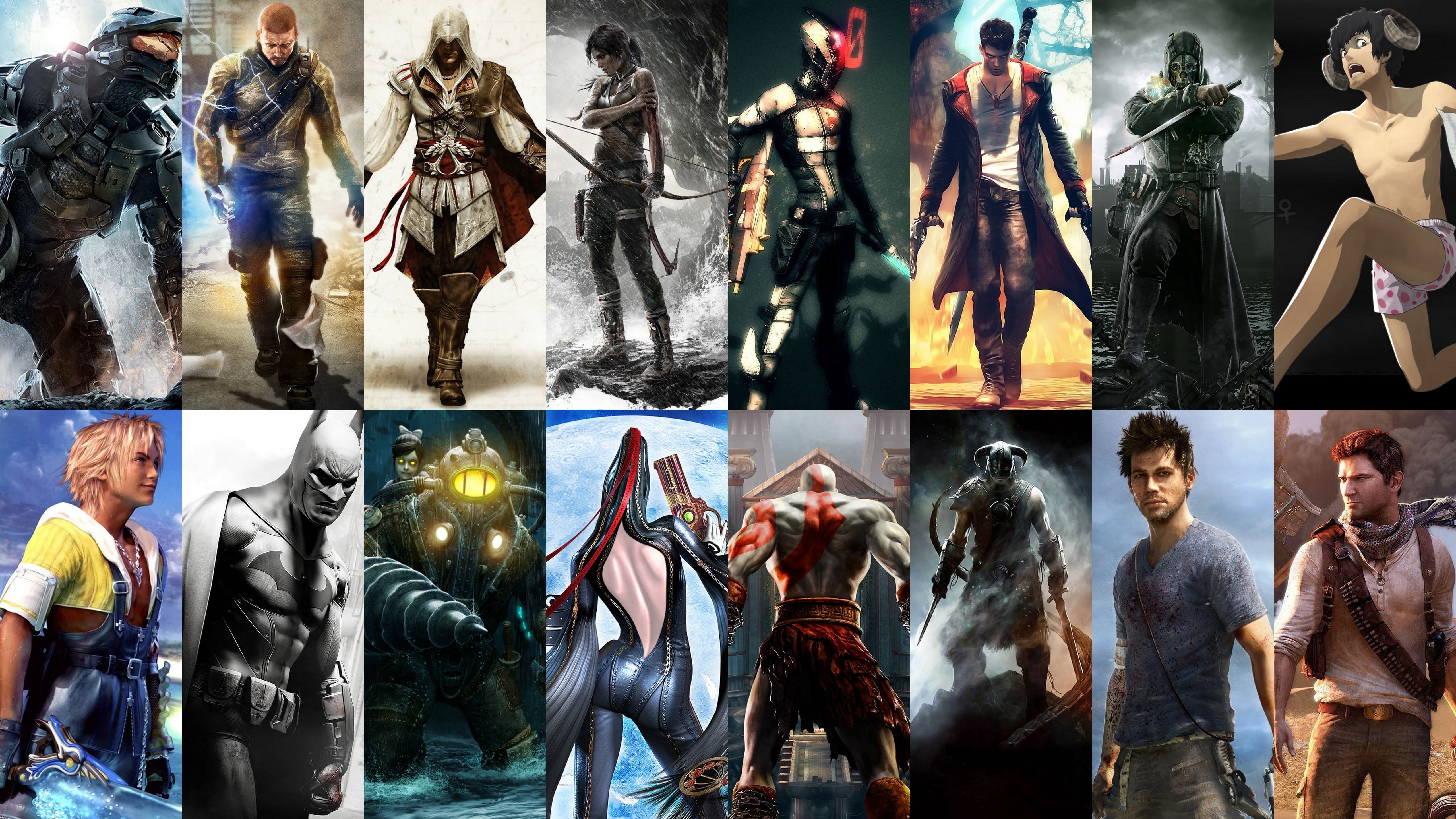 inFamous, crowd, human representation, Bayonetta, collage, male likeness, Dovakhiin, Uncharted 3: Drakes Deception, retail, assorted, Final Fantasy, BioShock, HD Wallpaper