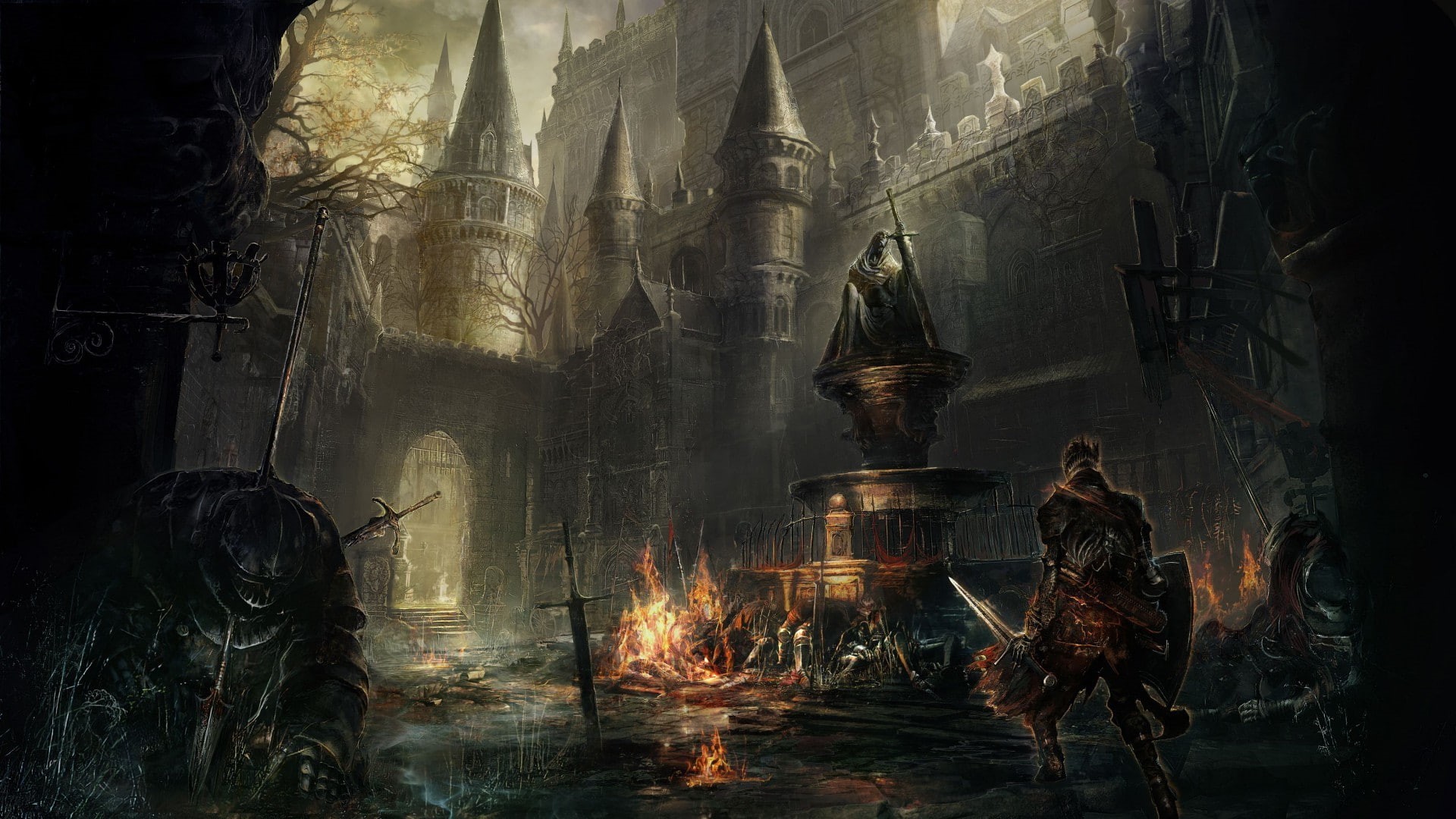 Knights, fire, Midevil, video games, Fighting, landscape, sword, Dark Souls, Gothic, Dark, 1080P, castle, Dark Souls III, HD Wallpaper
