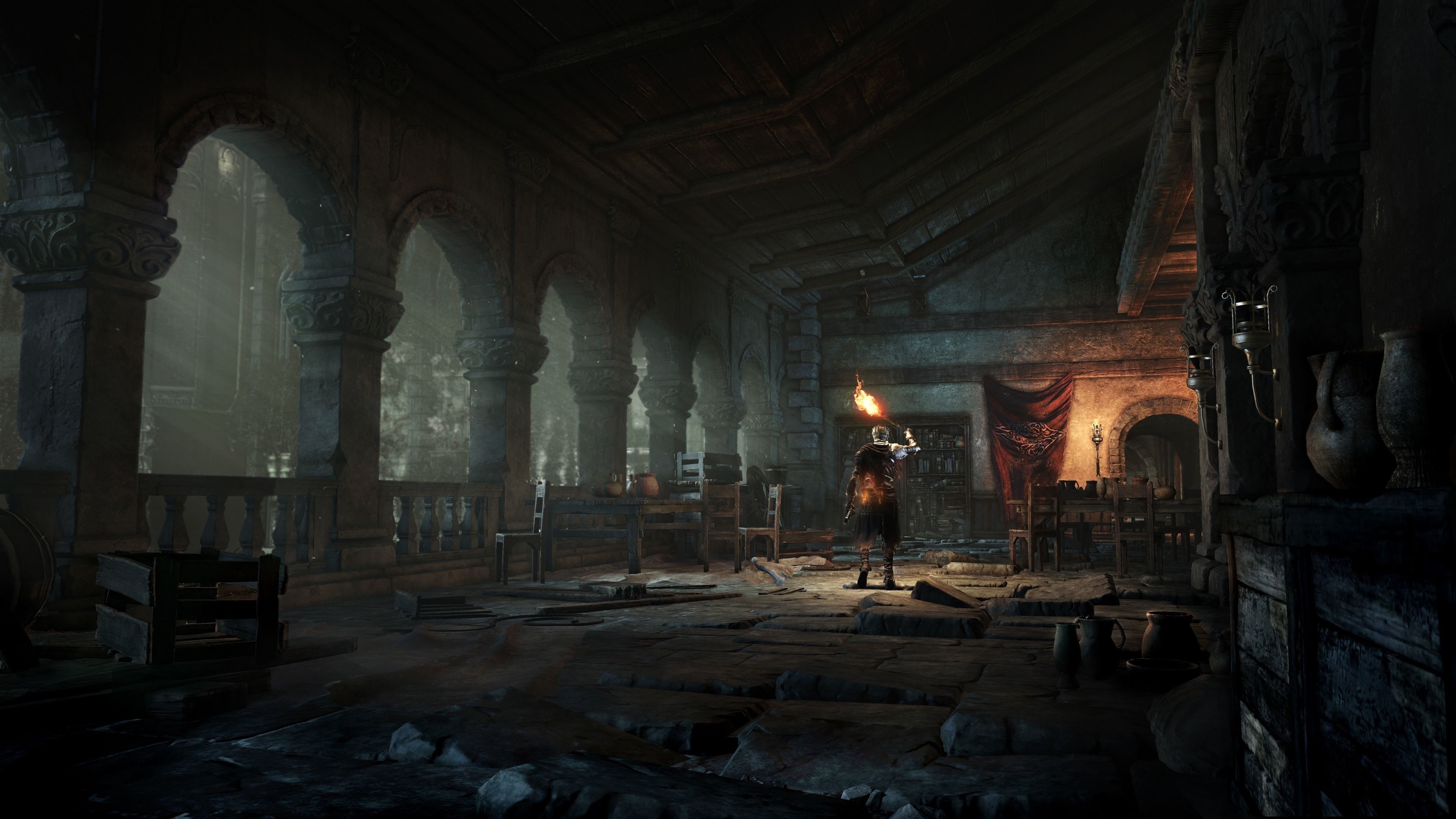 ruined, 4K, architectural column, indoors, adult, standing, dark souls iii dark souls gothic midevil dark video games knights fire fighting sword landscape castle, HD Wallpaper
