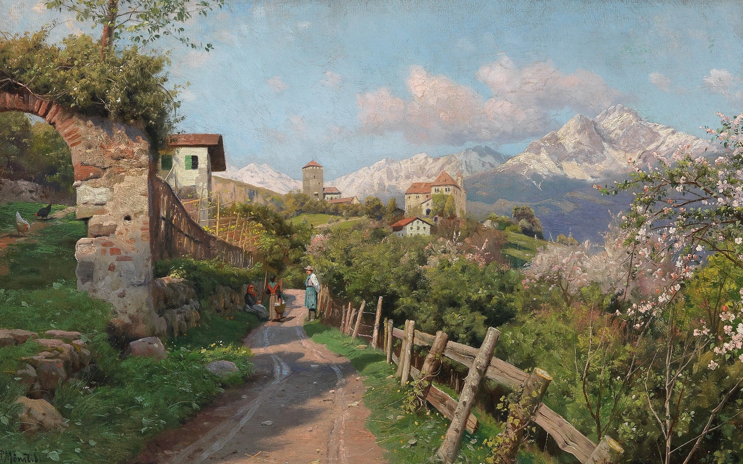 2K, Spring landscape in the village in Tyrol, Spring Landscape in a Village in Tyrol, Danish realist painter, Peter Merk Of Menstad, 1913, Danish painter, HD Wallpaper