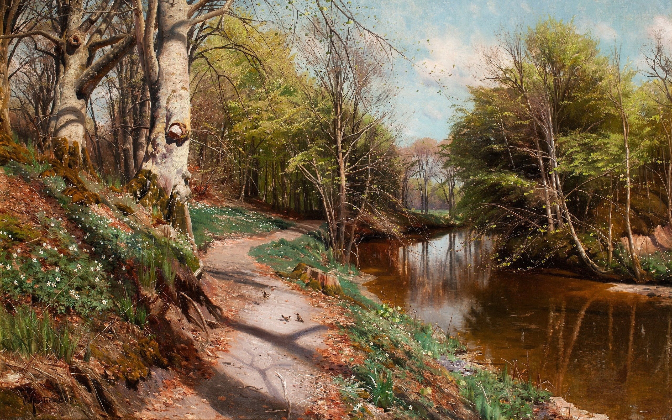 Danish painter, Spring landscape with water, Peder Mørk Mønsted, Peter Merk Of Menstad, 2K, 1909, Danish realist painter, HD Wallpaper